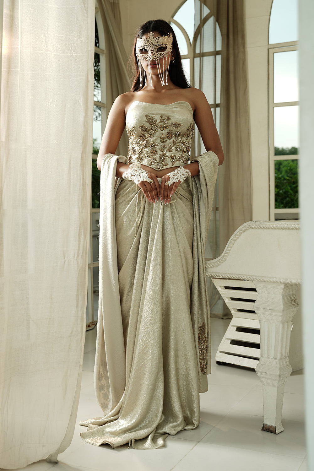 Embellished Ivory Corset Top & Draped Skirt Set – KOHINOOR BY NEHA GUPTA