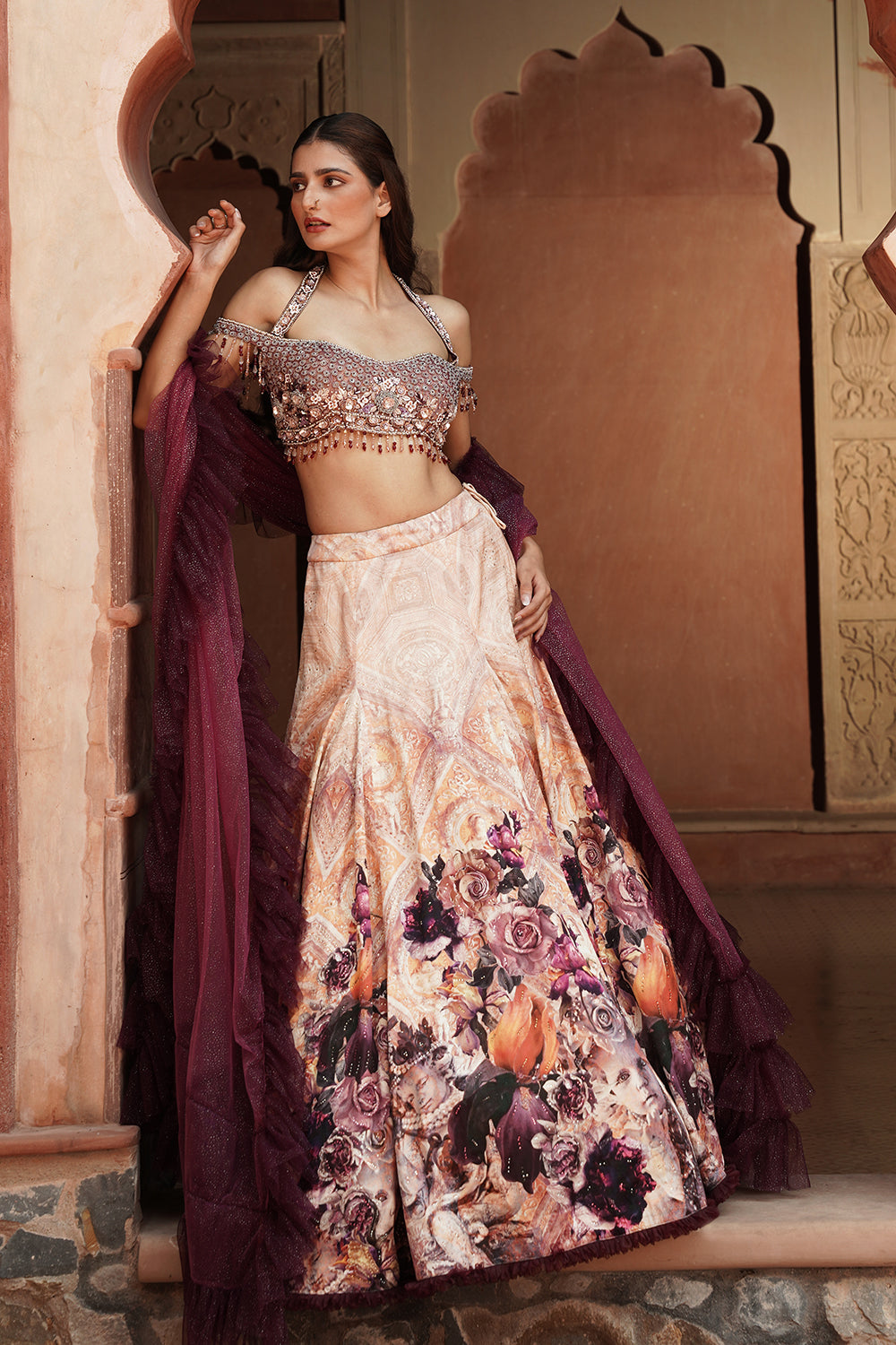 Plum and ivory satin bridal lehenga set by Kohinoor Side View