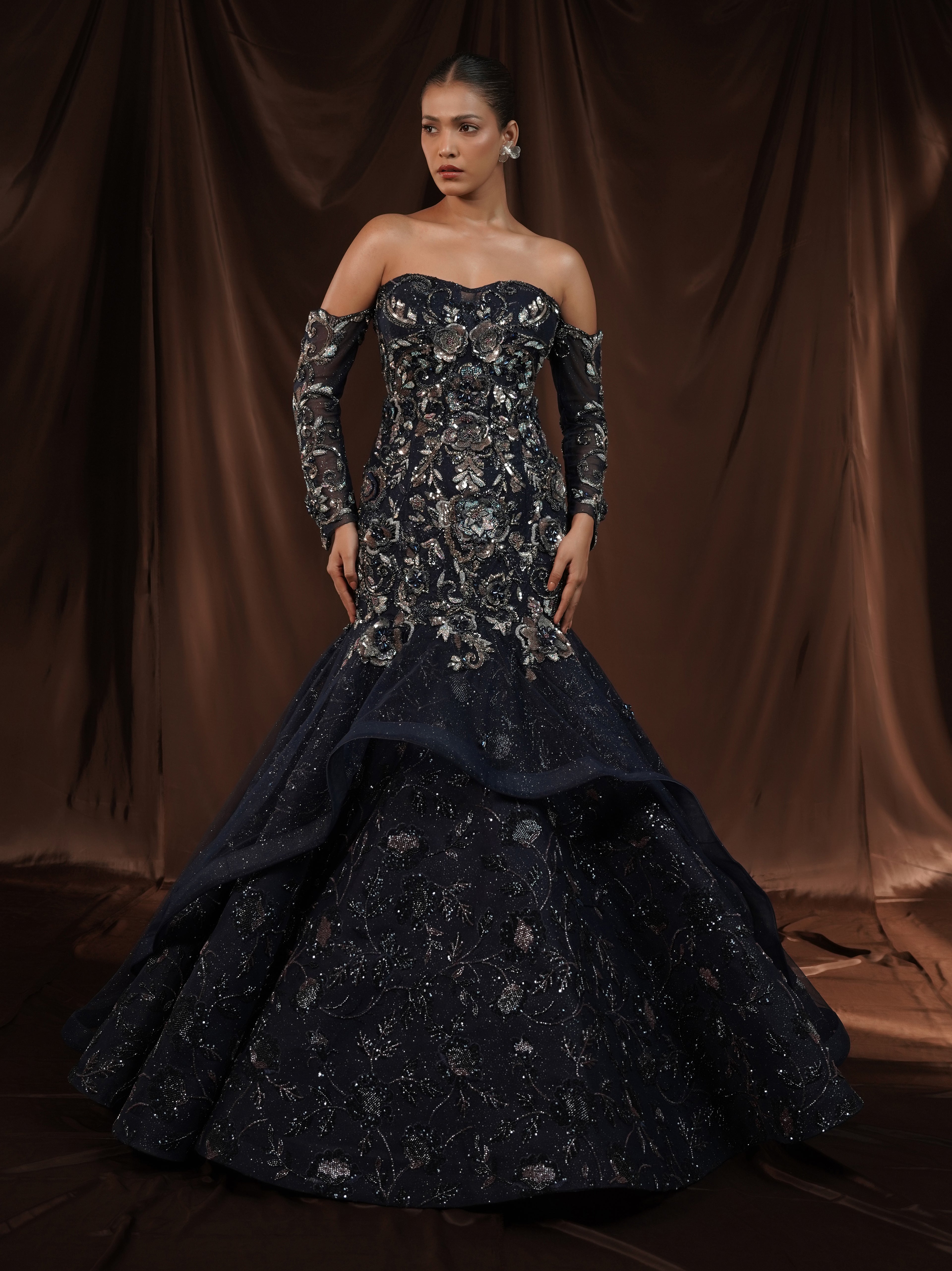 Navy Blue Embellished Mermaid Gown