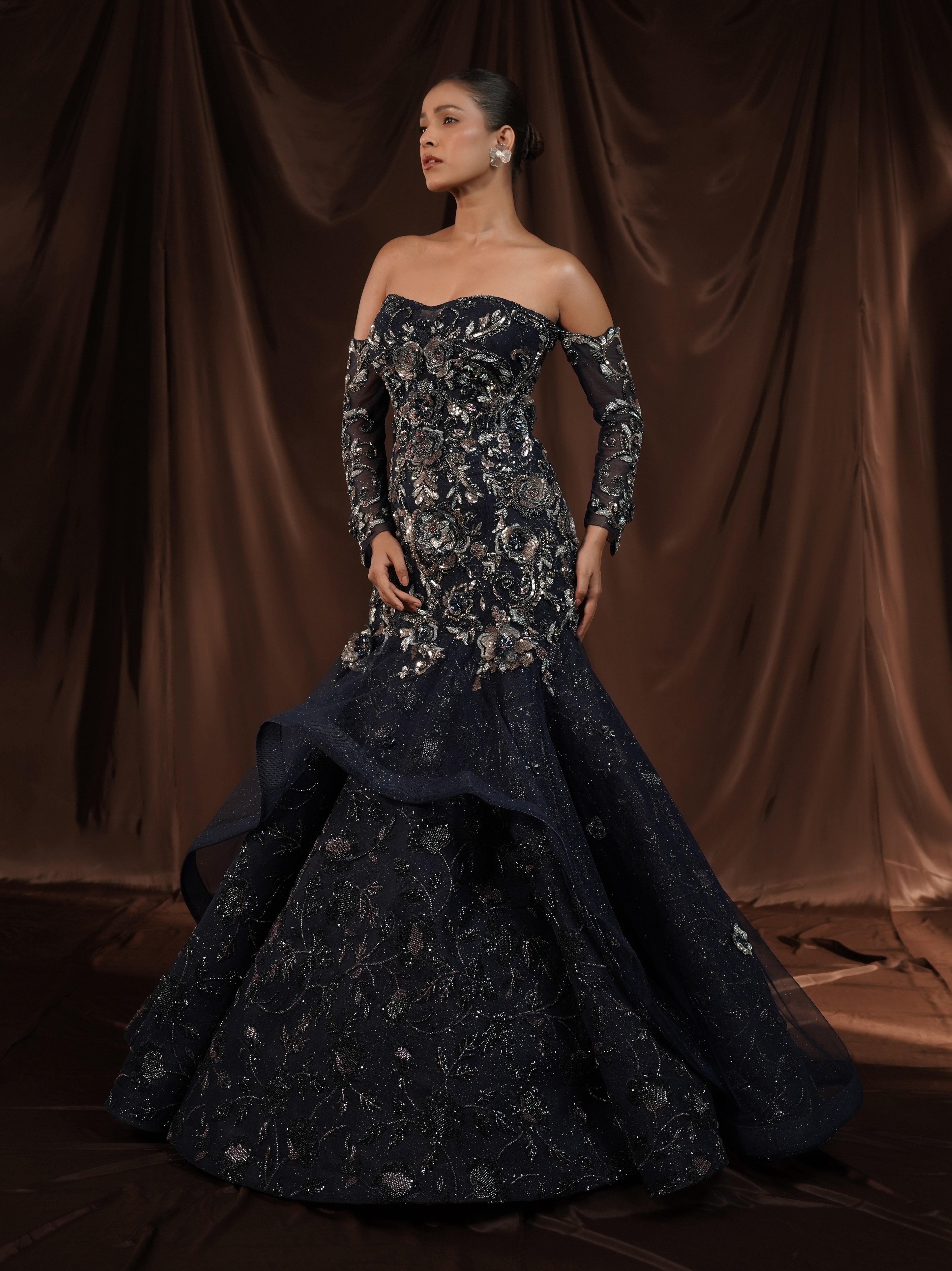 Navy Blue Embellished Mermaid Gown