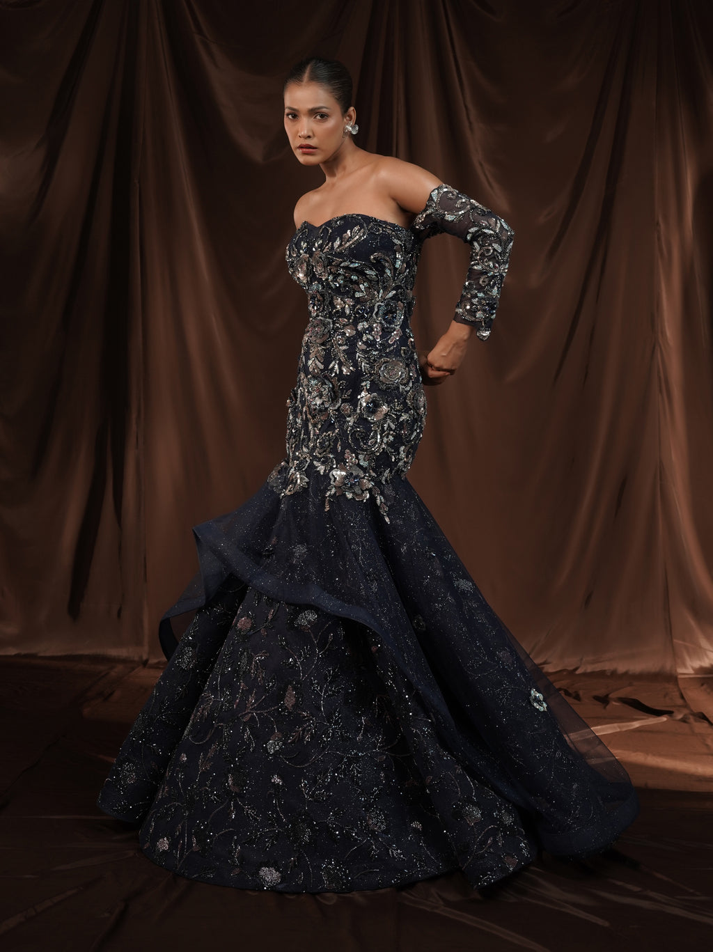 Navy Blue Embellished Mermaid Gown