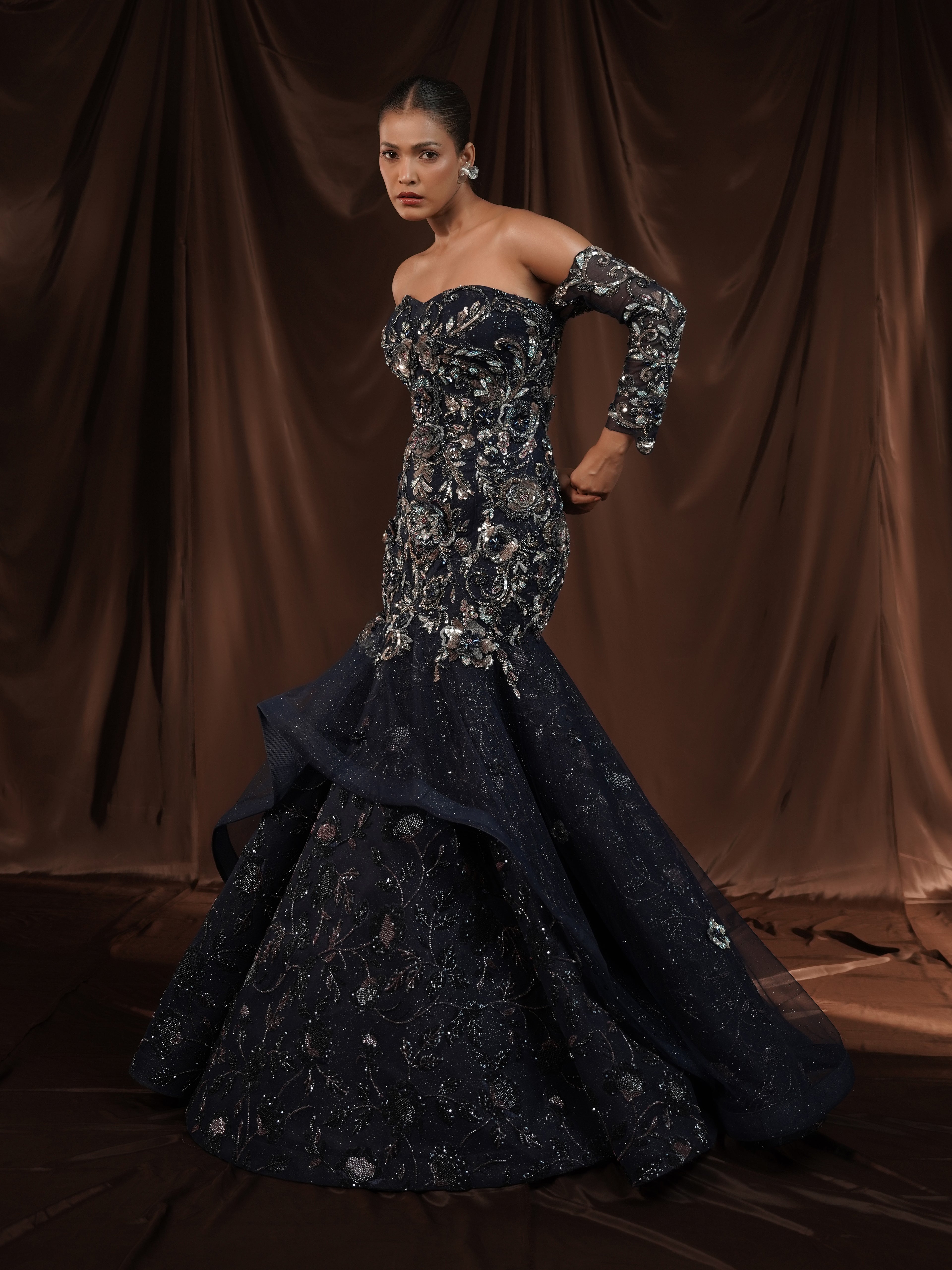 Navy Blue Embellished Mermaid Gown