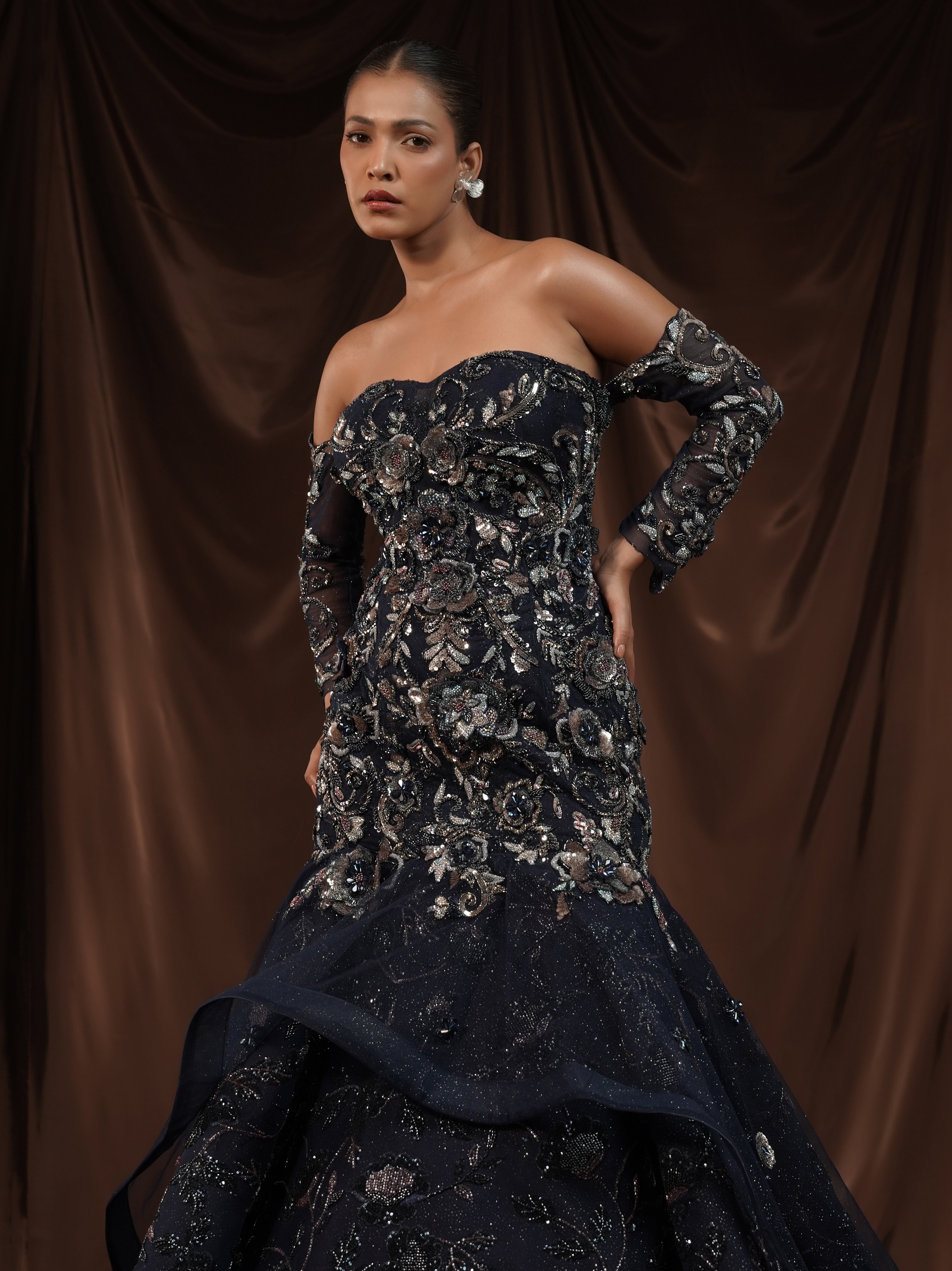 Navy Blue Embellished Mermaid Gown