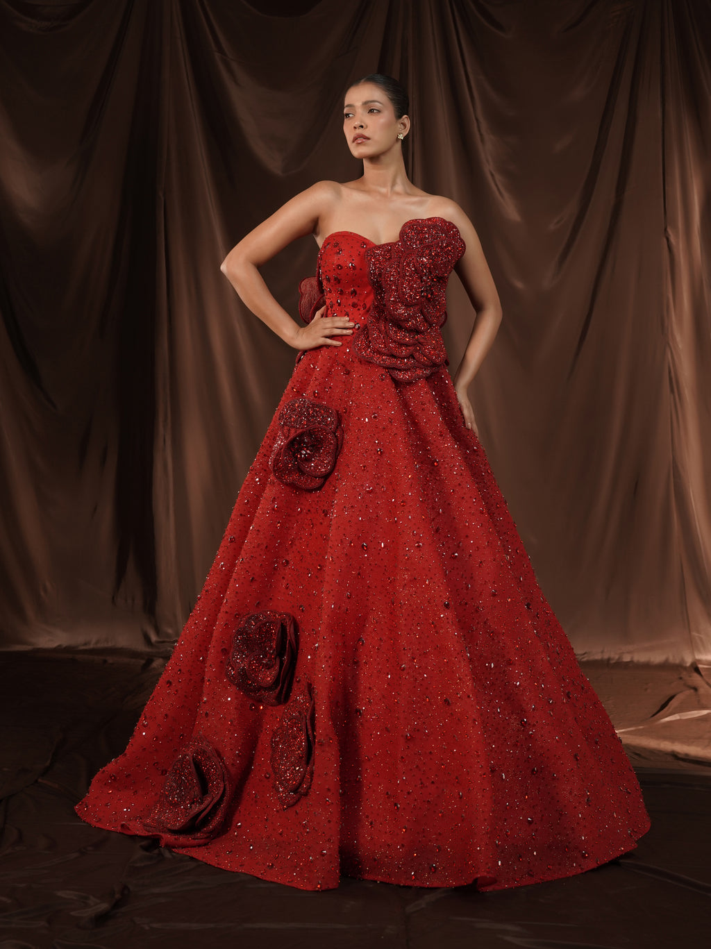 Red-Wine Crystalised 3D Flower Gown