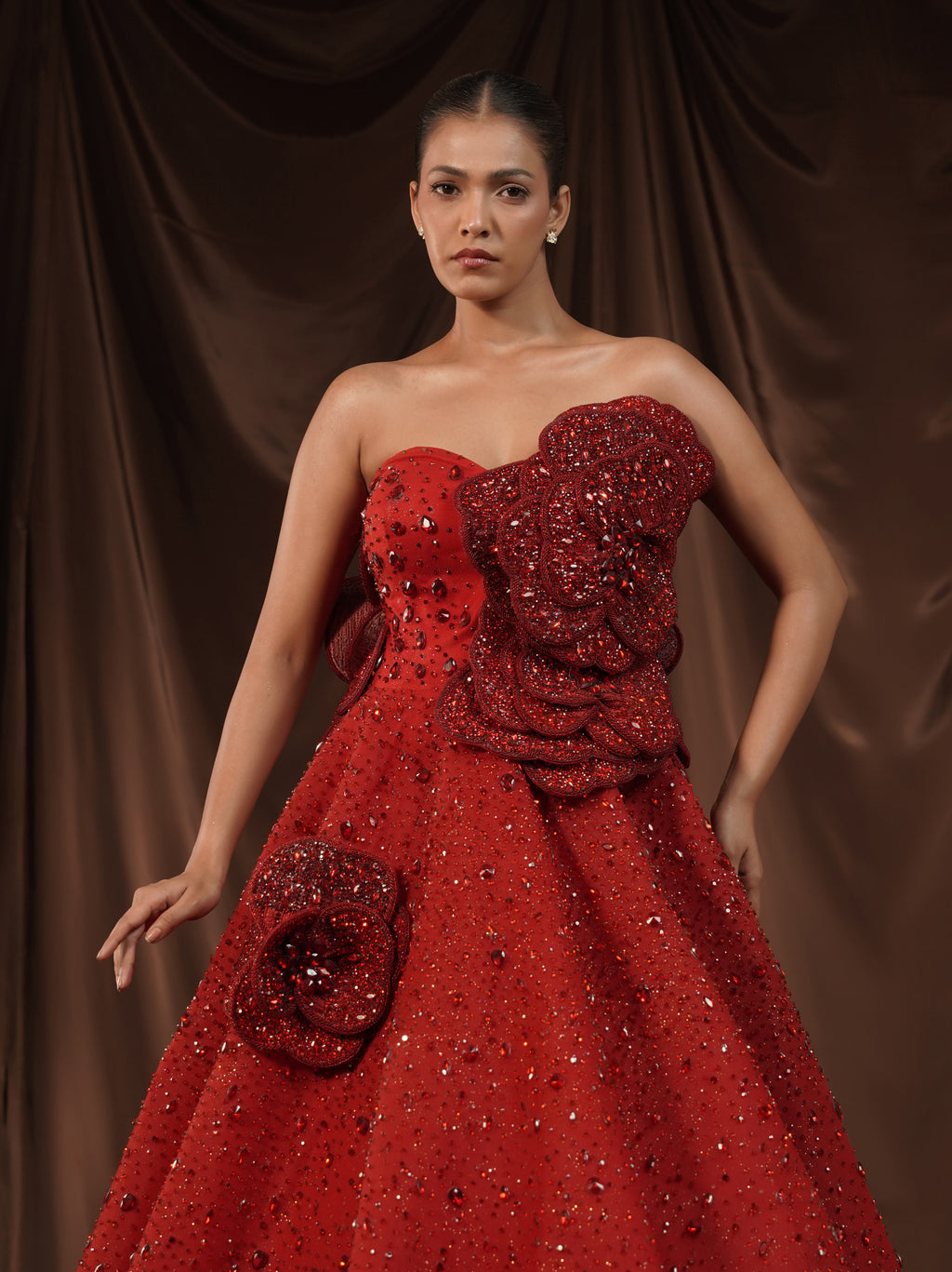 Red-Wine Crystalised 3D Flower Gown