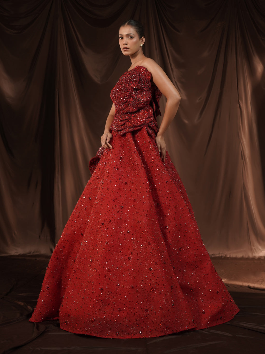 Red-Wine Crystalised 3D Flower Gown