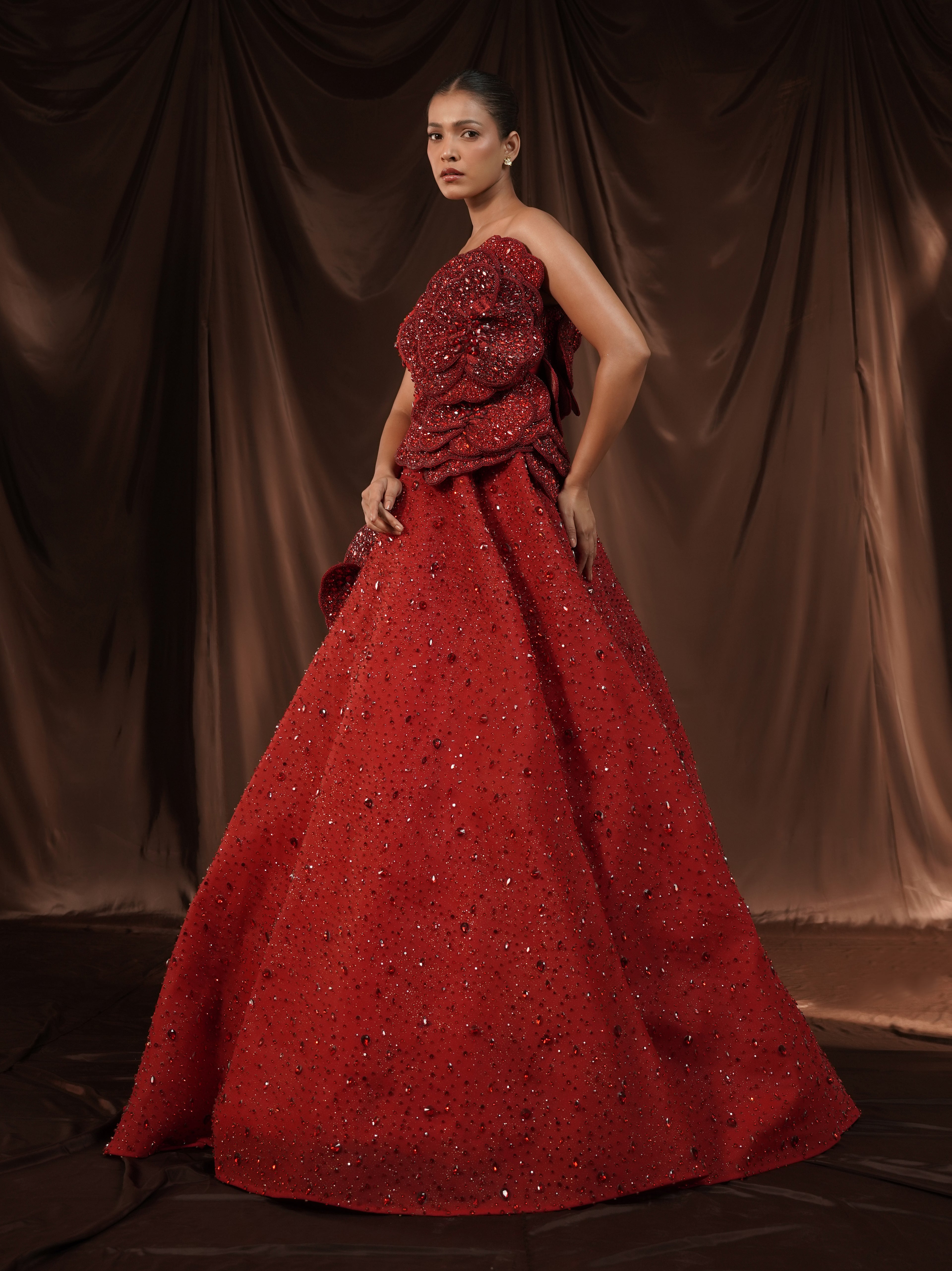 Red-Wine Crystalised 3D Flower Gown