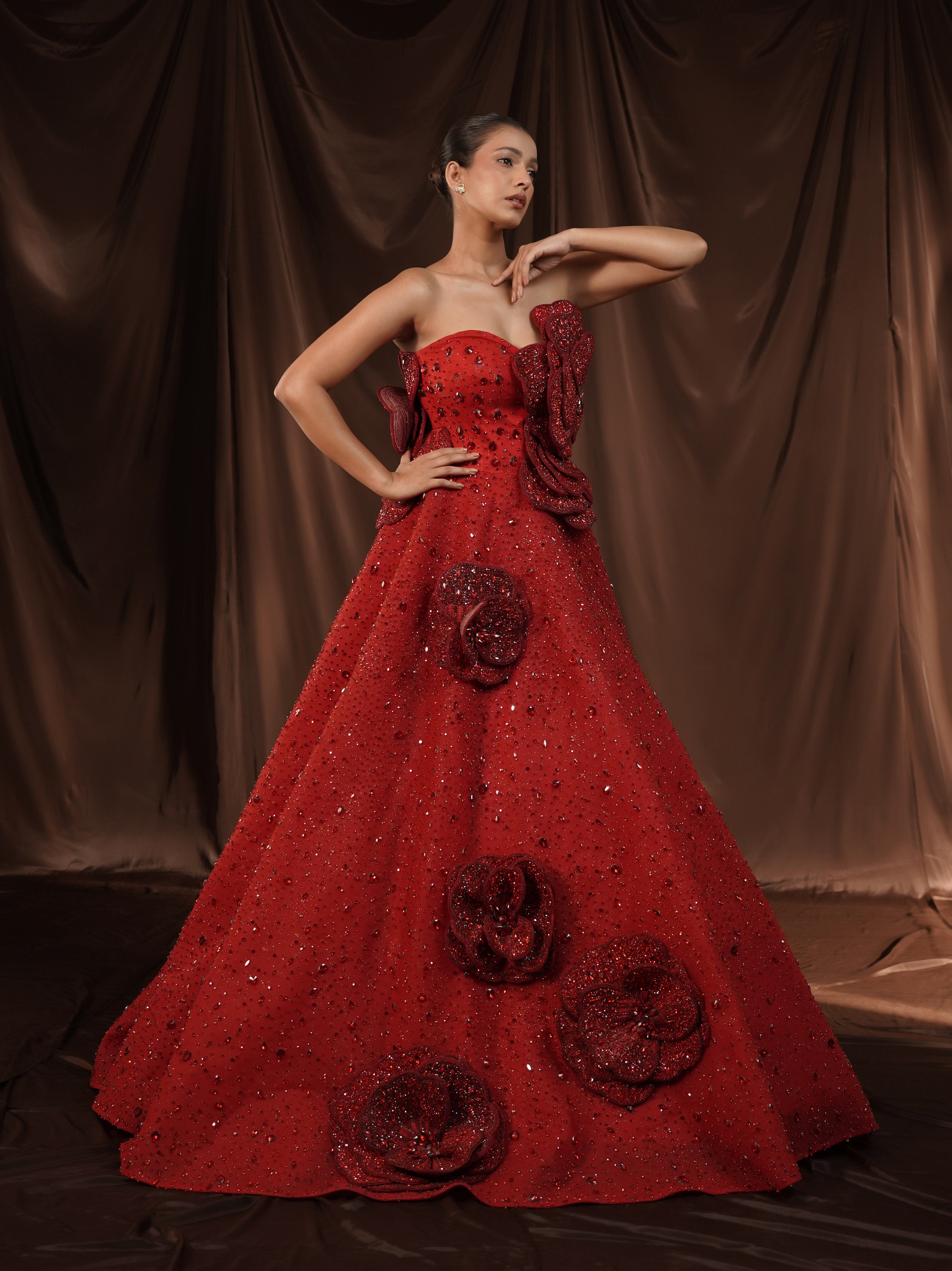 Red-Wine Crystalised 3D Flower Gown