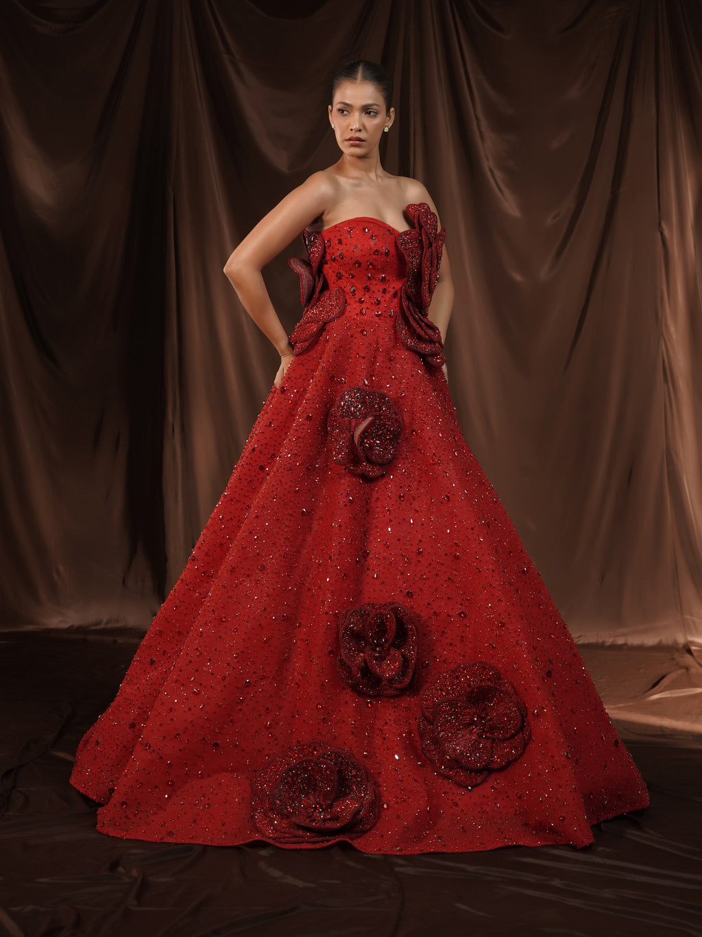 Red-Wine Crystalised 3D Flower Gown