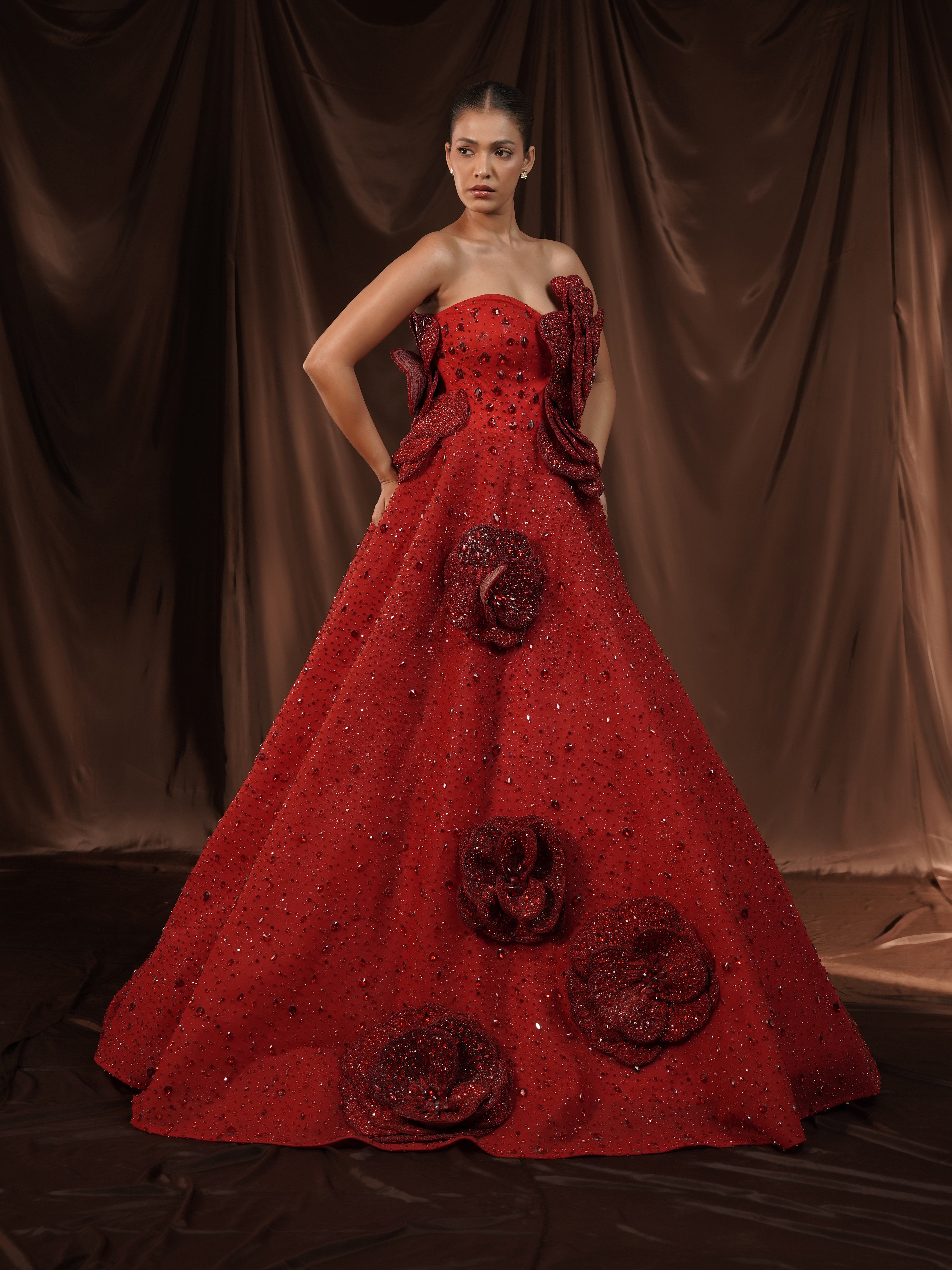 Red-Wine Crystalised 3D Flower Gown