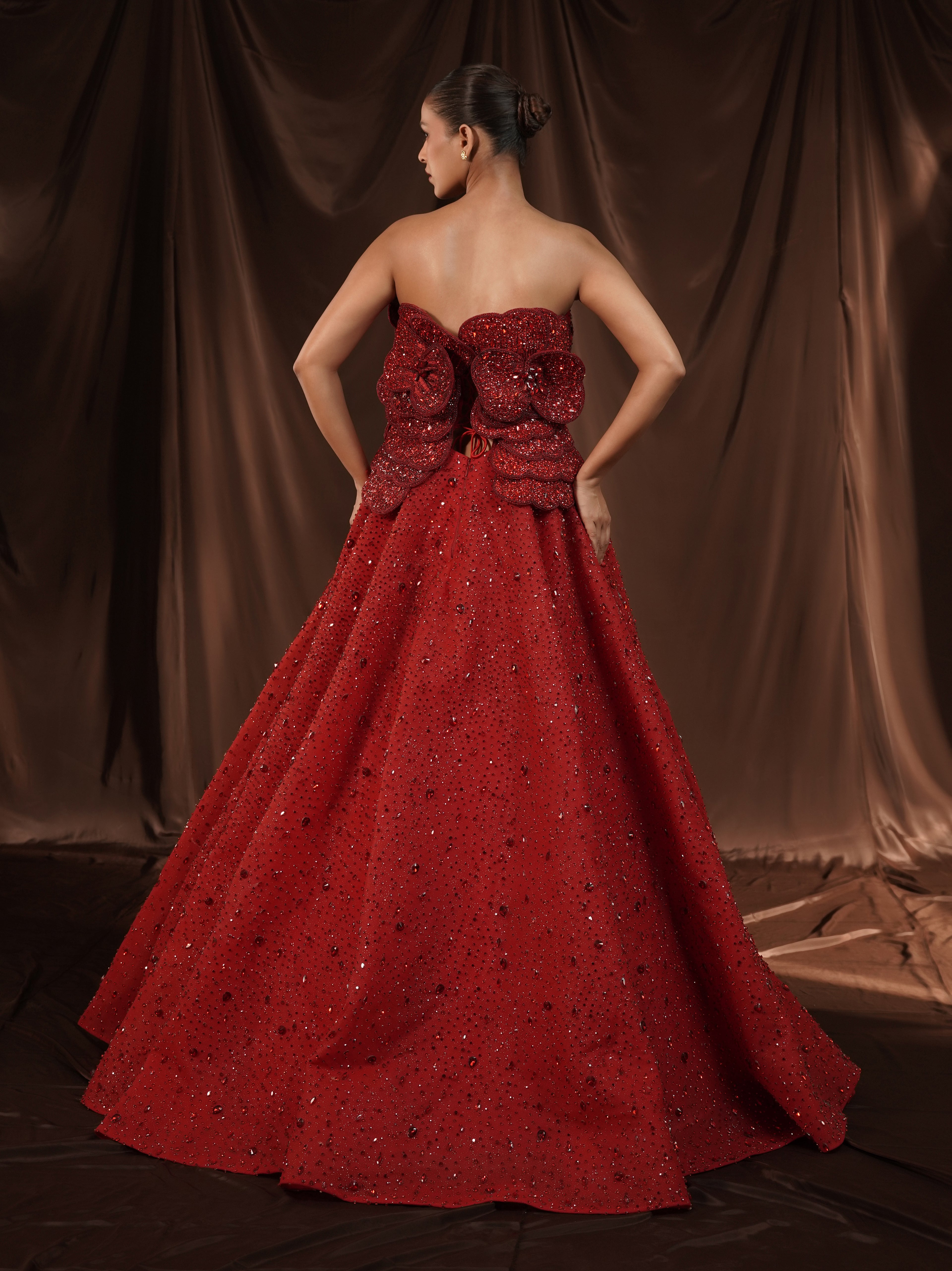 Red-Wine Crystalised 3D Flower Gown
