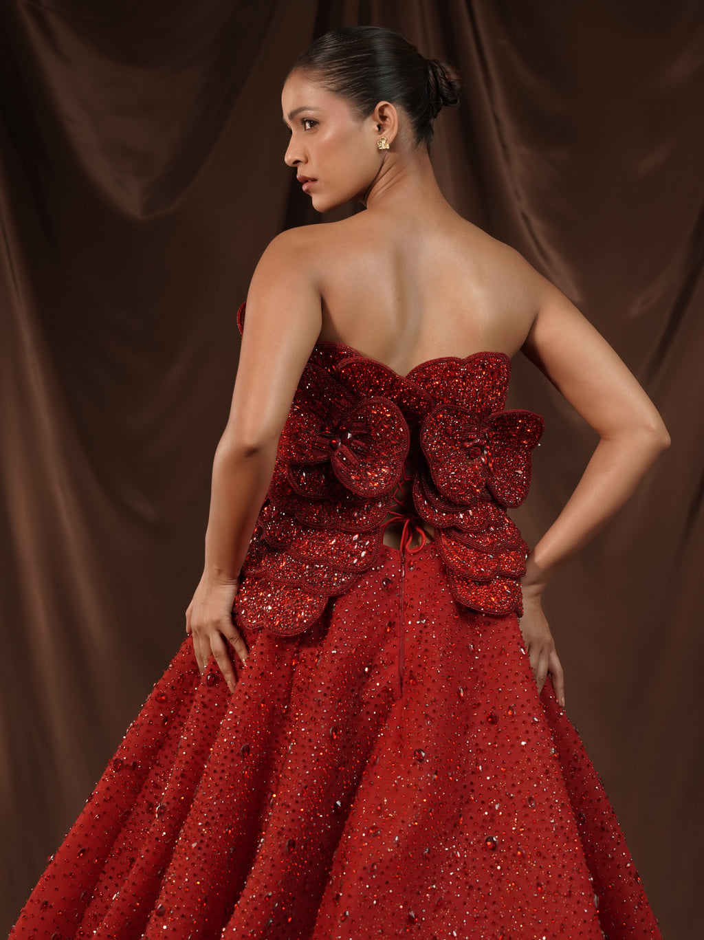 Red-Wine Crystalised 3D Flower Gown