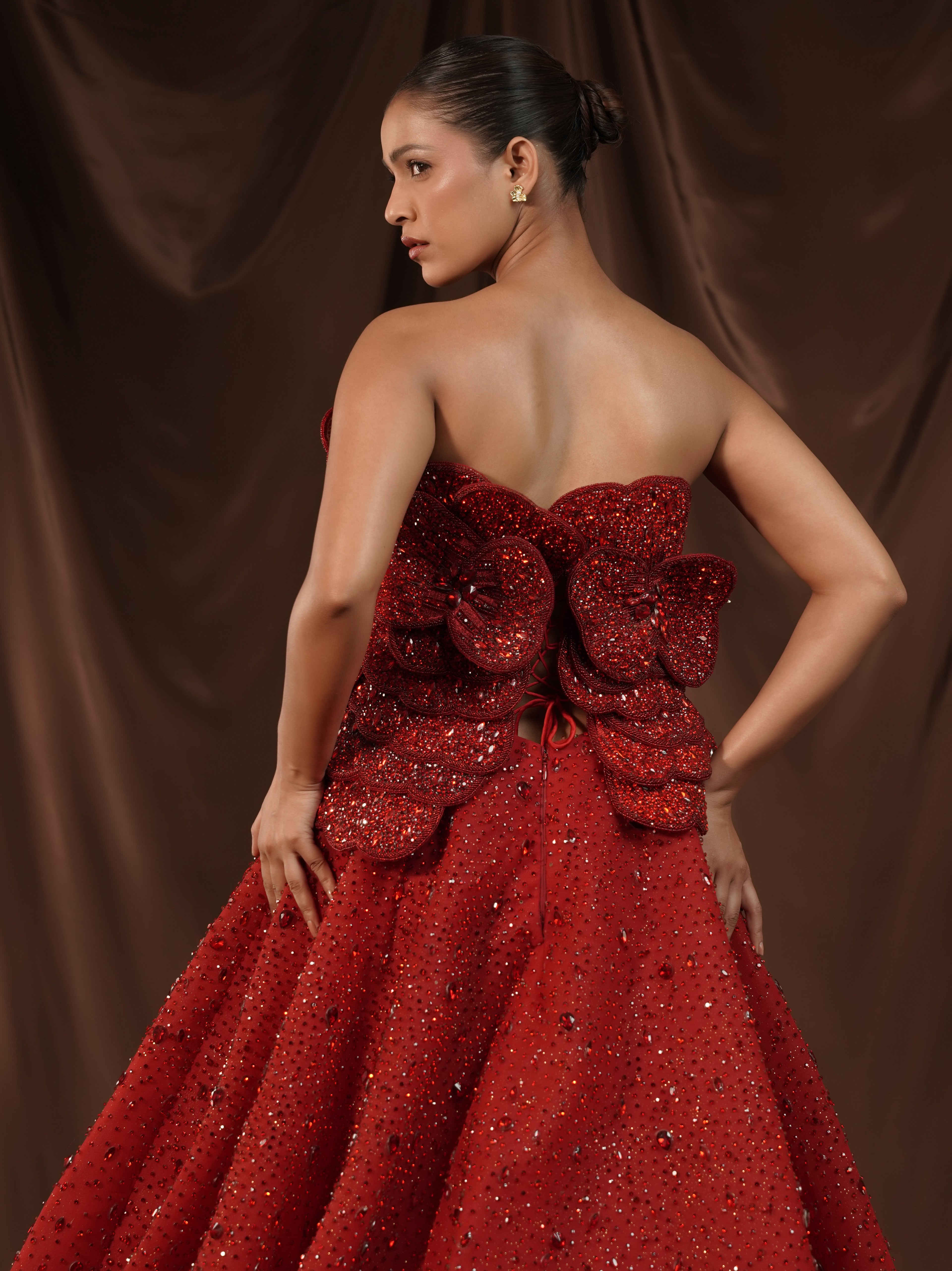 Red-Wine Crystalised 3D Flower Gown
