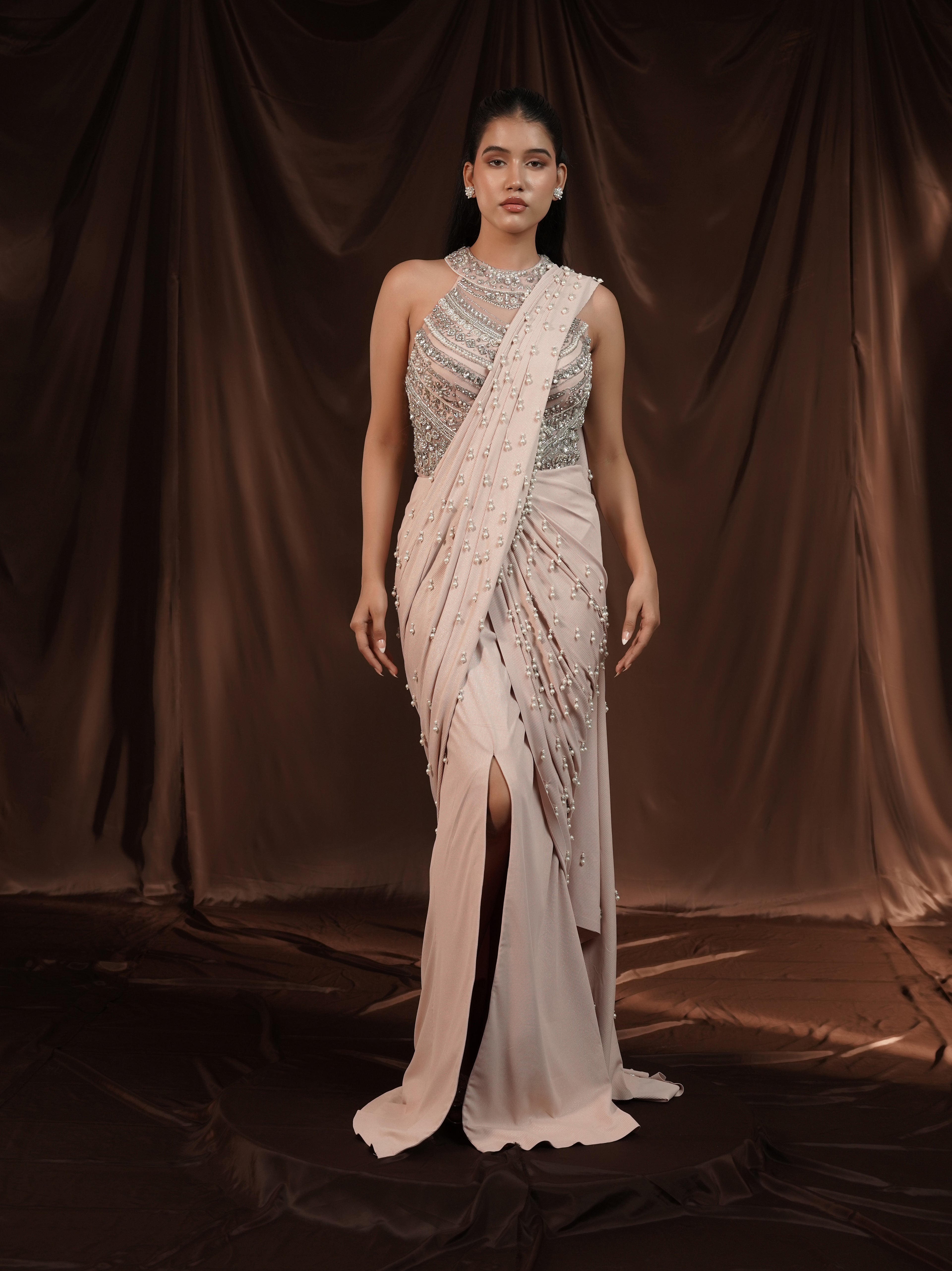 Soft Pink Pearl Drape Saree