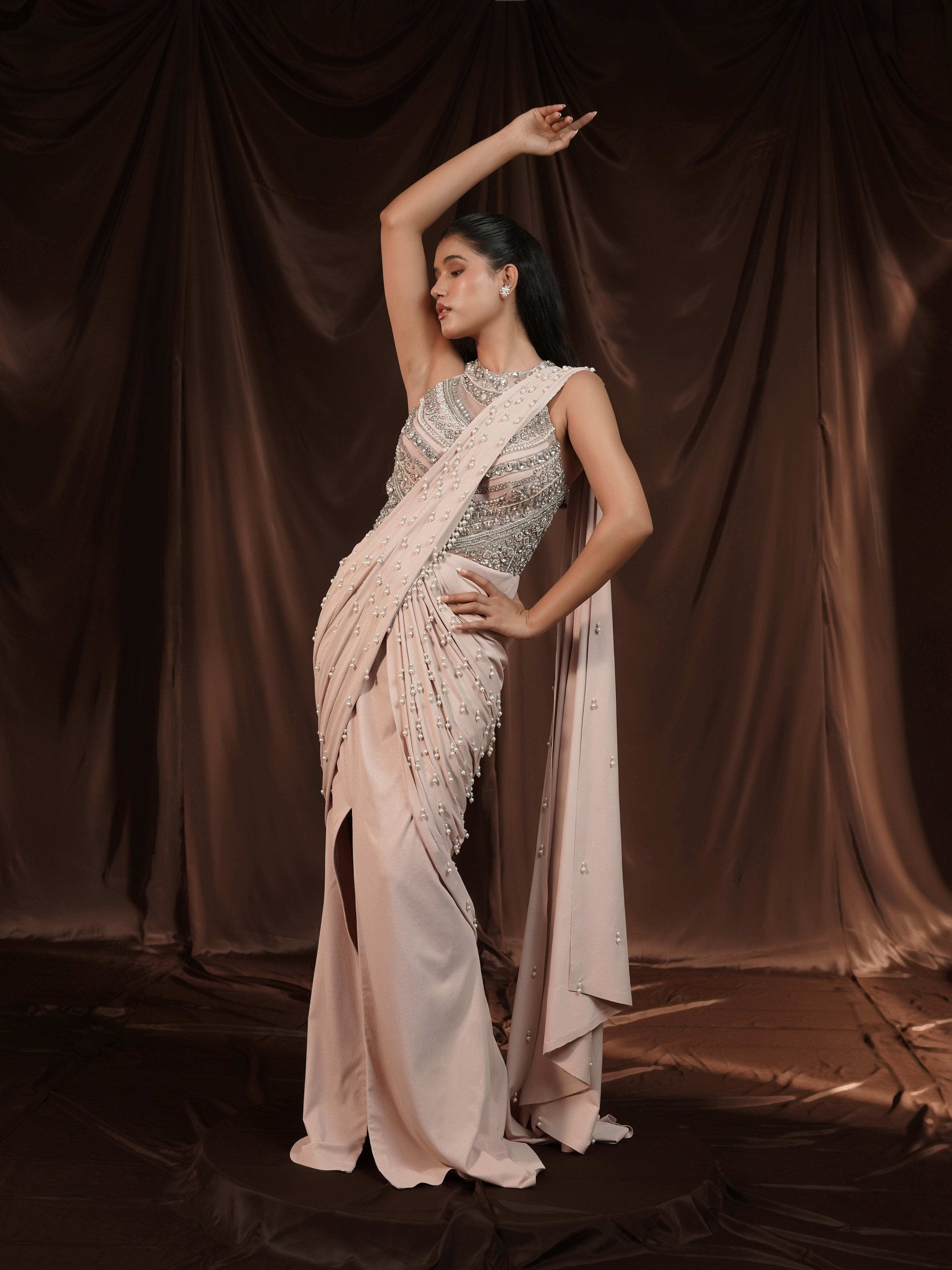 Soft Pink Pearl Drape Saree