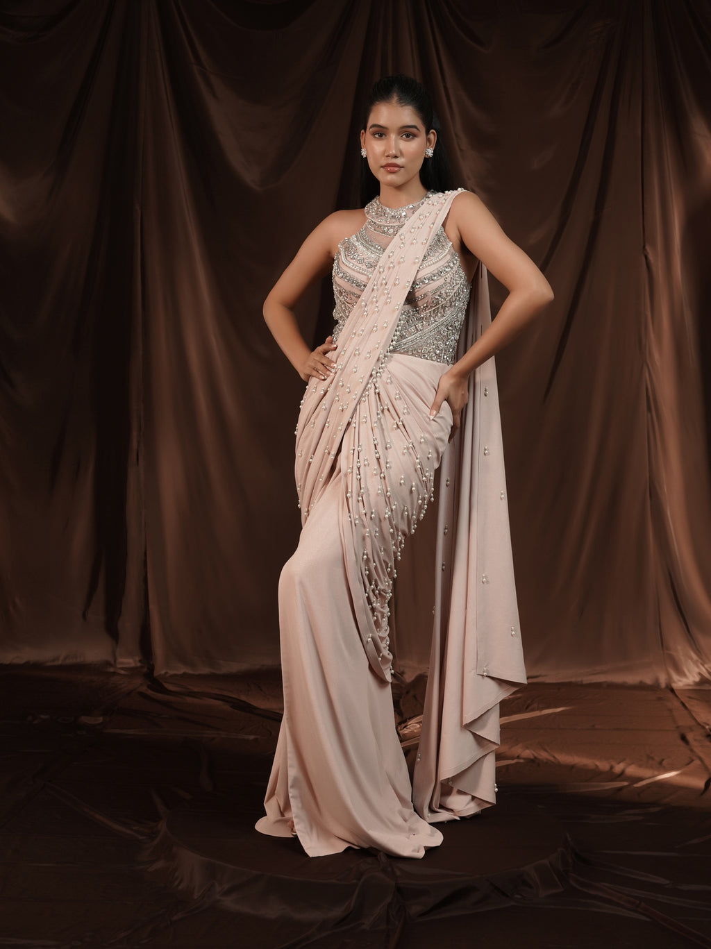 Soft Pink Pearl Drape Saree