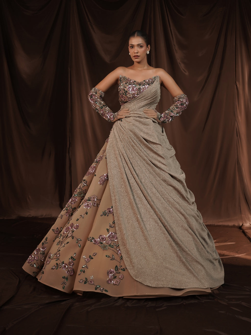 Beige Embellished Off Shoulder Ball Gown
