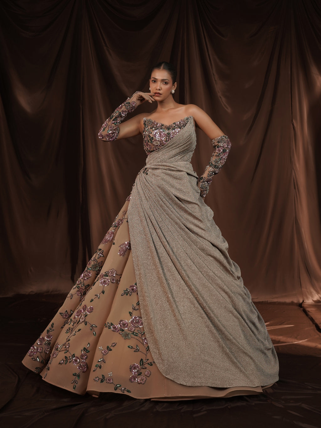 Beige Embellished Off Shoulder Ball Gown