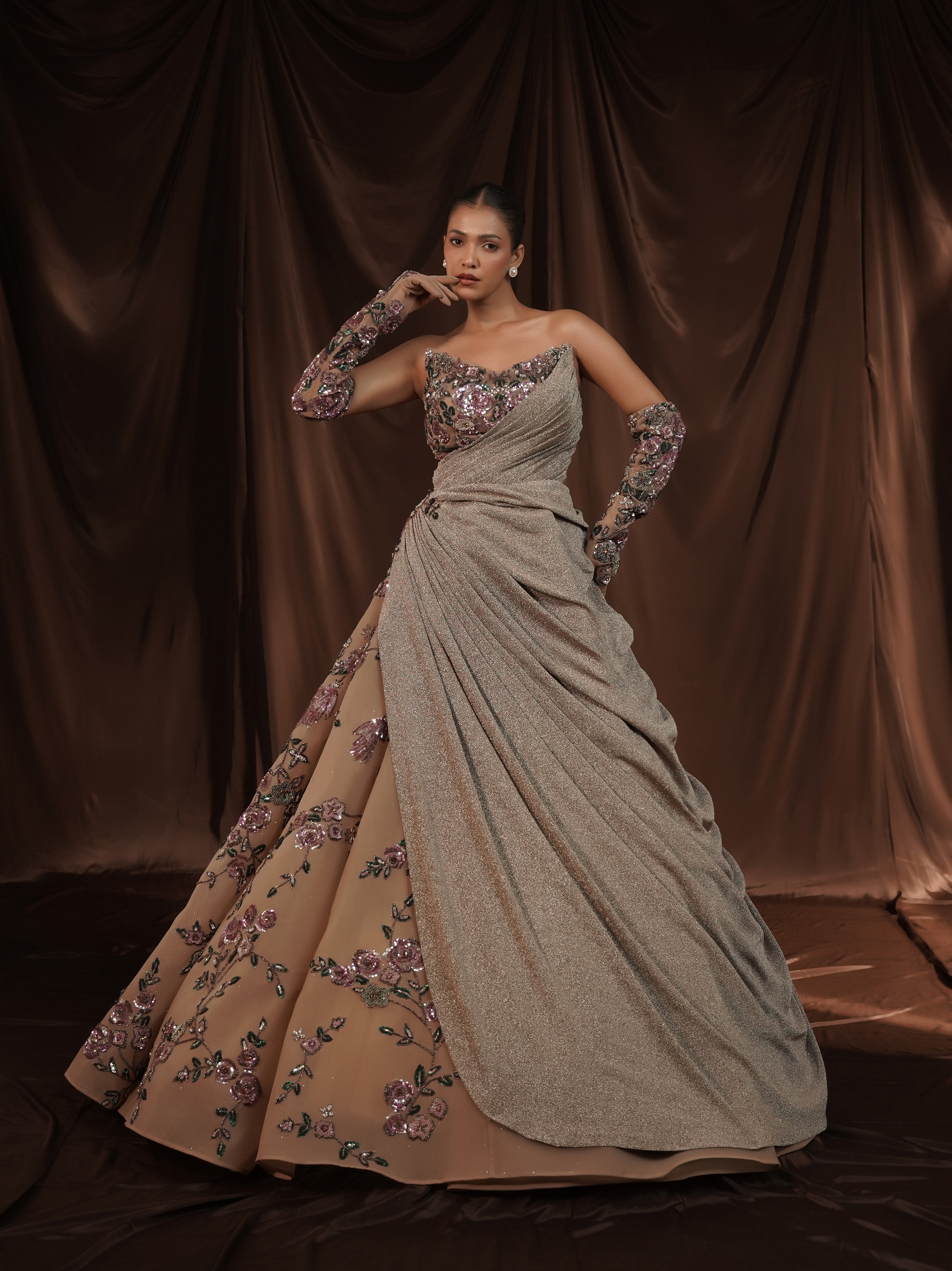Beige Embellished Off Shoulder Ball Gown