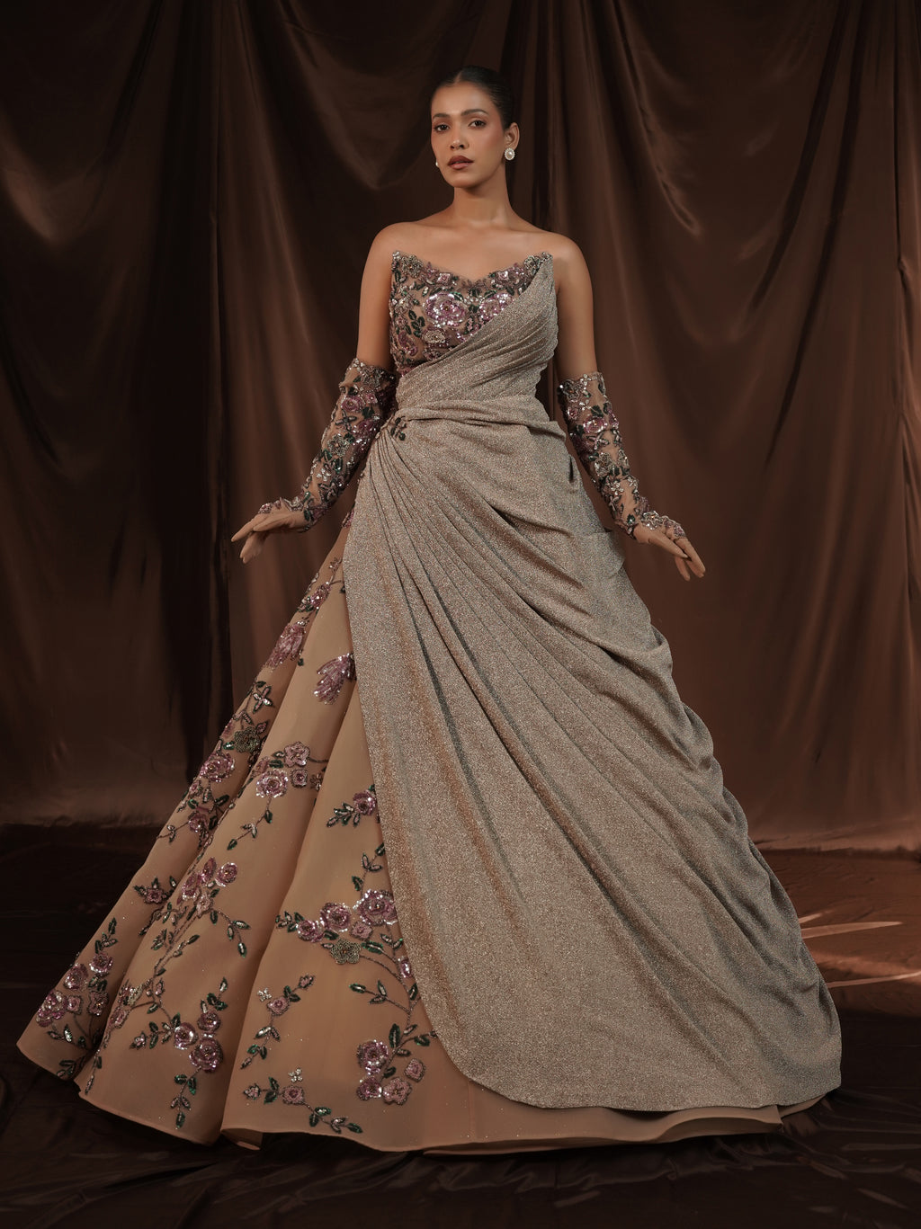 Beige Embellished Off Shoulder Ball Gown
