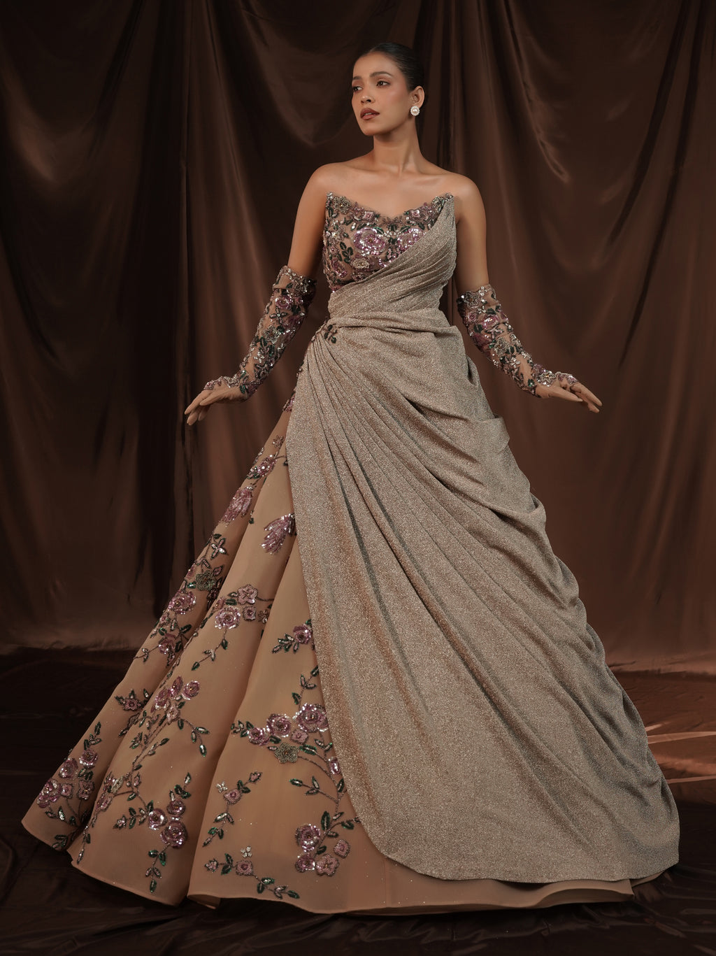Beige Embellished Off Shoulder Ball Gown