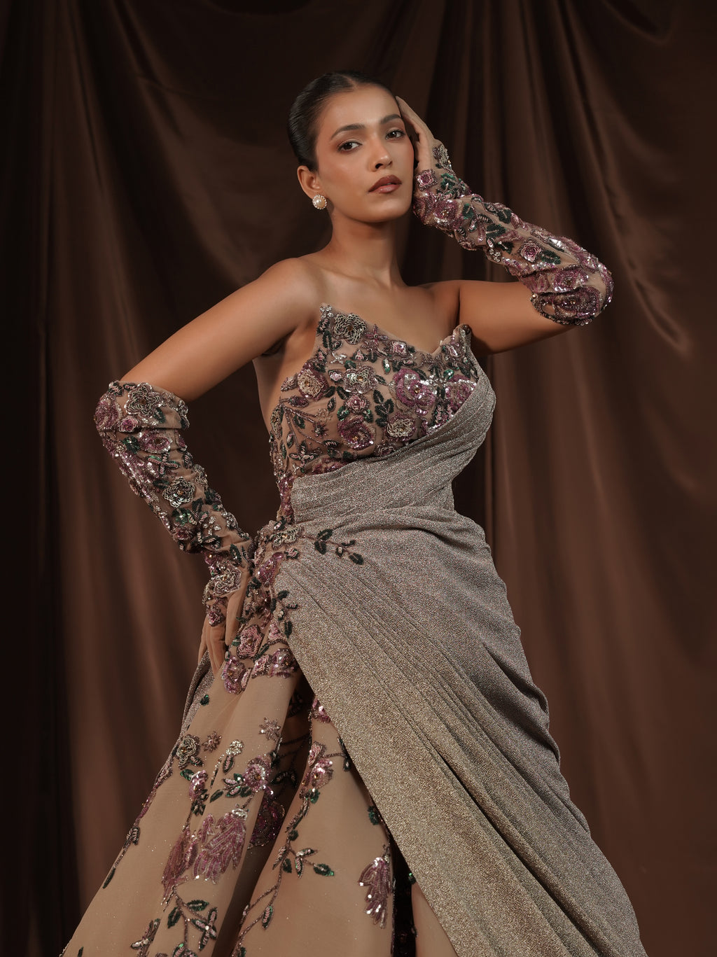Beige Embellished Off Shoulder Ball Gown