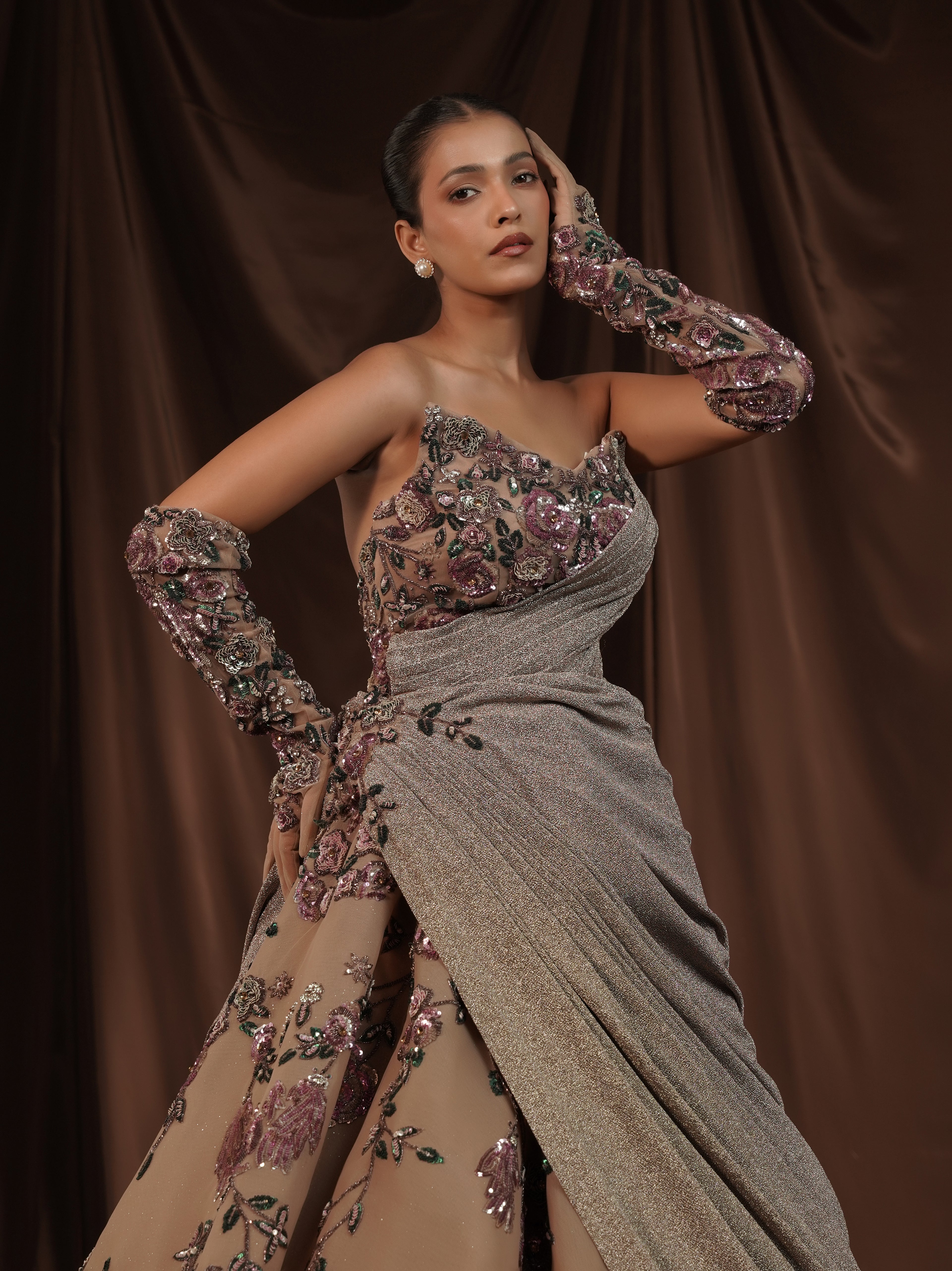 Beige Embellished Off Shoulder Ball Gown