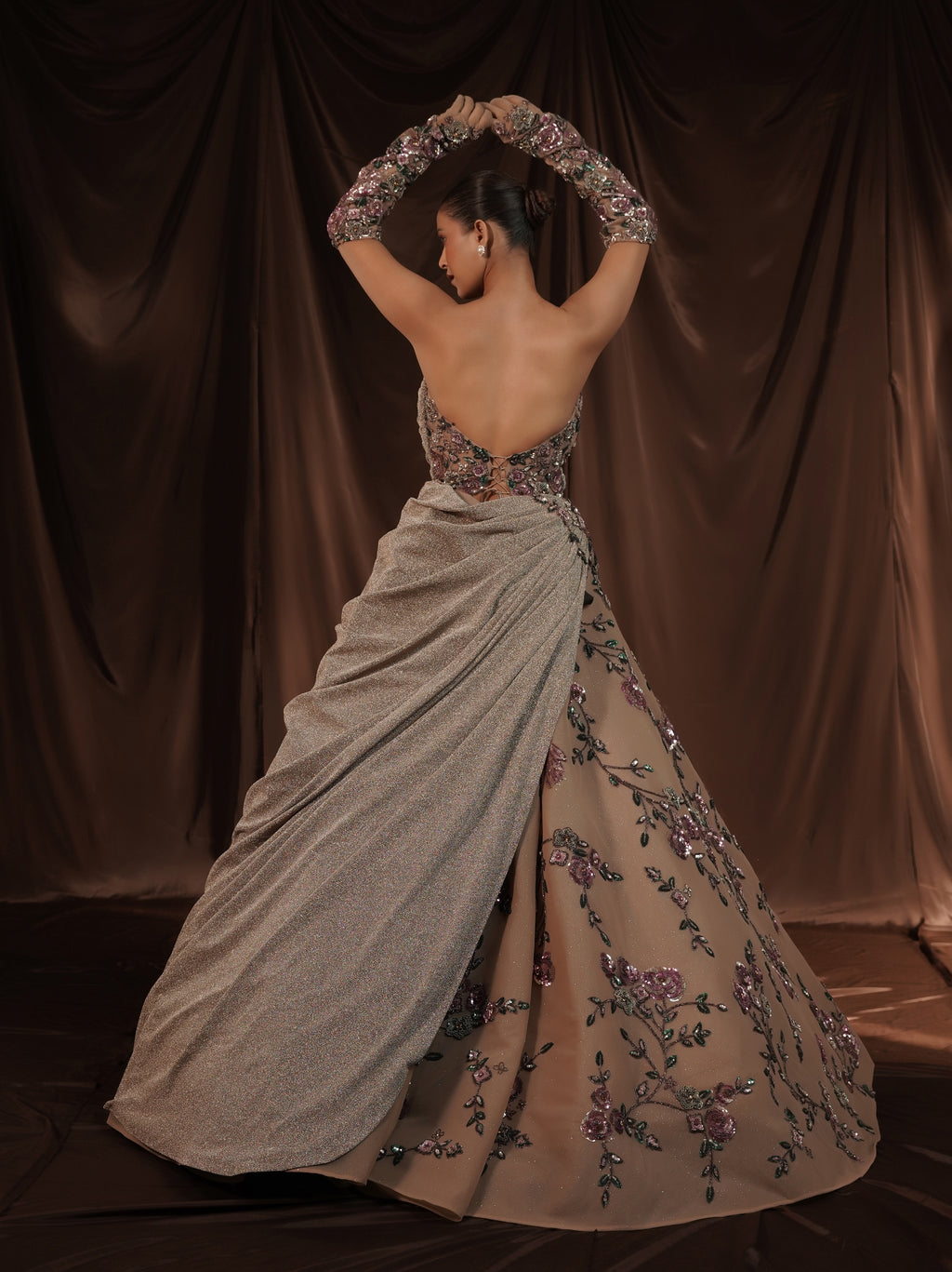 Beige Embellished Off Shoulder Ball Gown