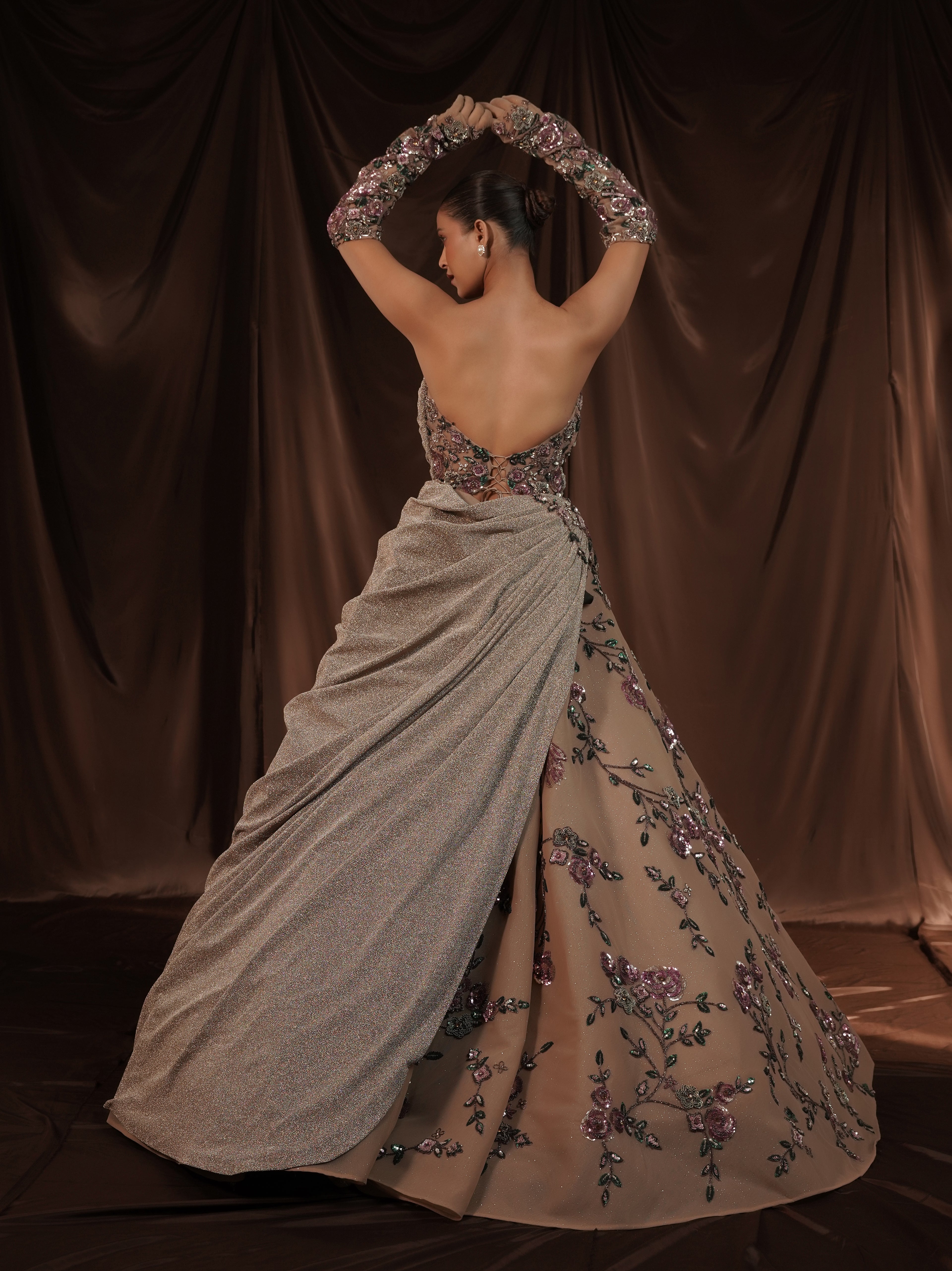 Beige Embellished Off Shoulder Ball Gown