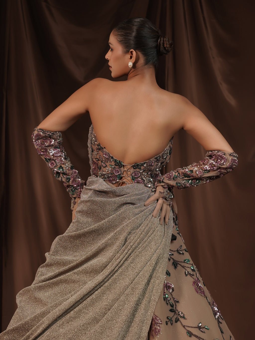 Beige Embellished Off Shoulder Ball Gown