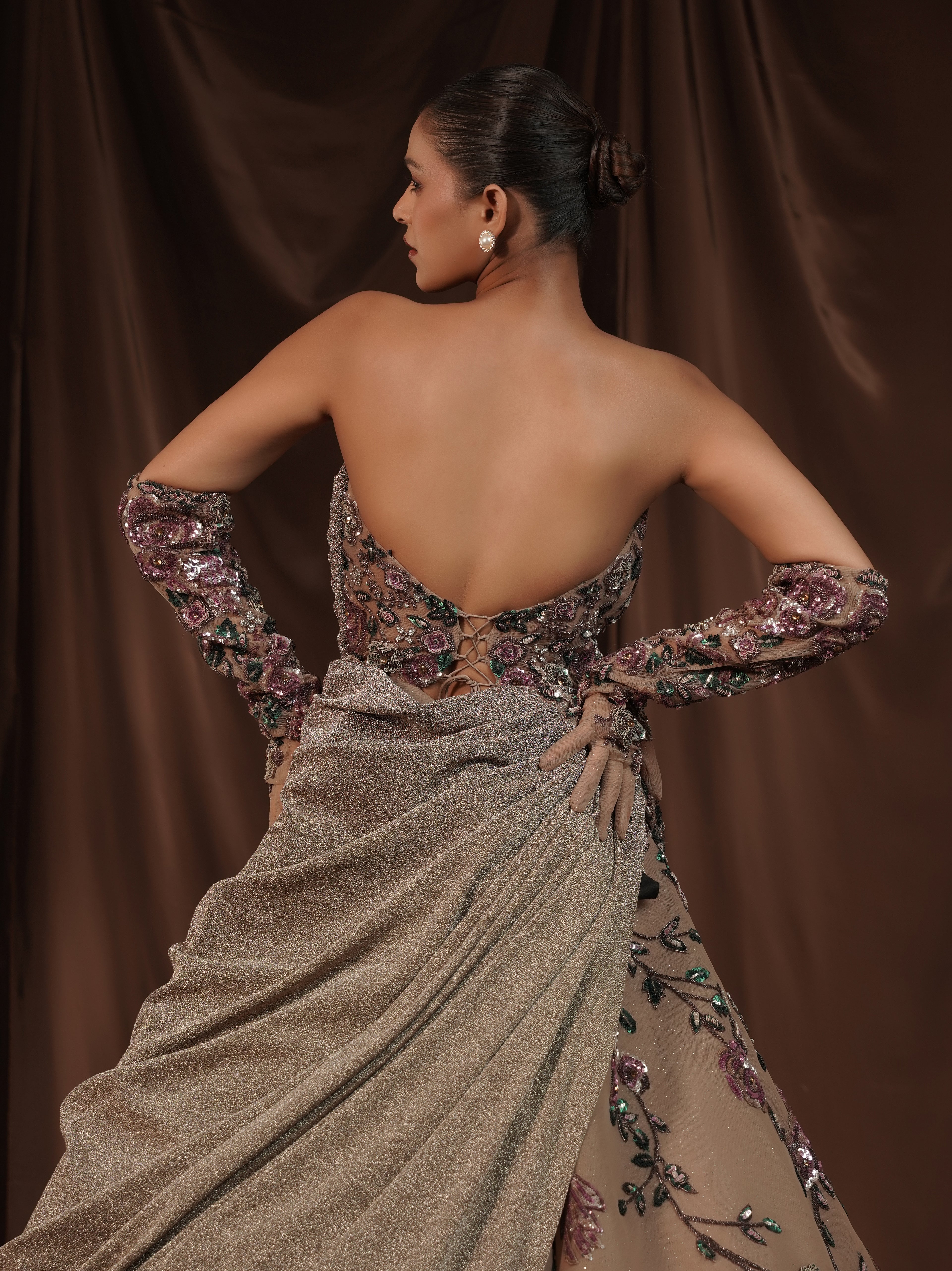 Beige Embellished Off Shoulder Ball Gown