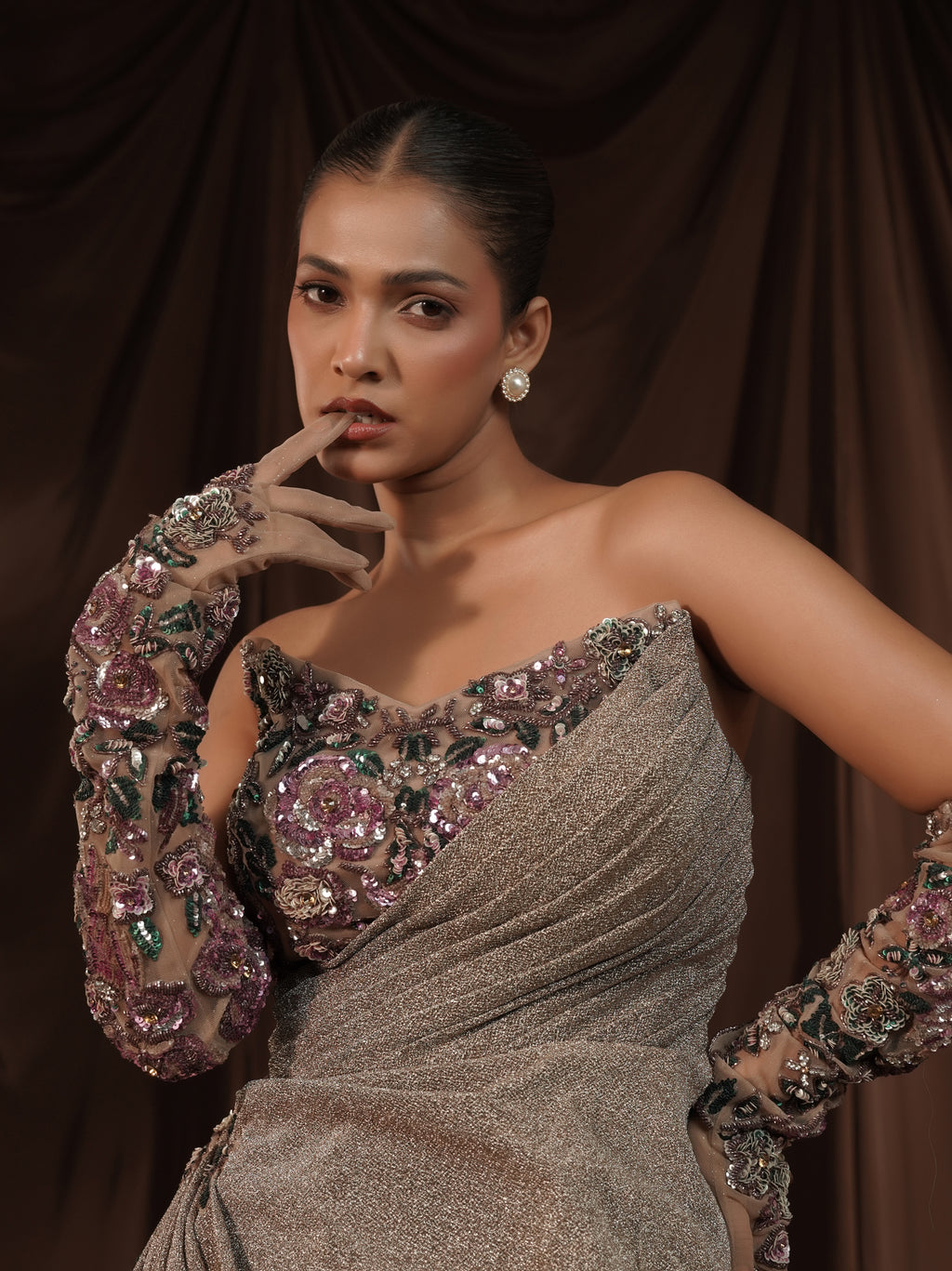 Beige Embellished Off Shoulder Ball Gown