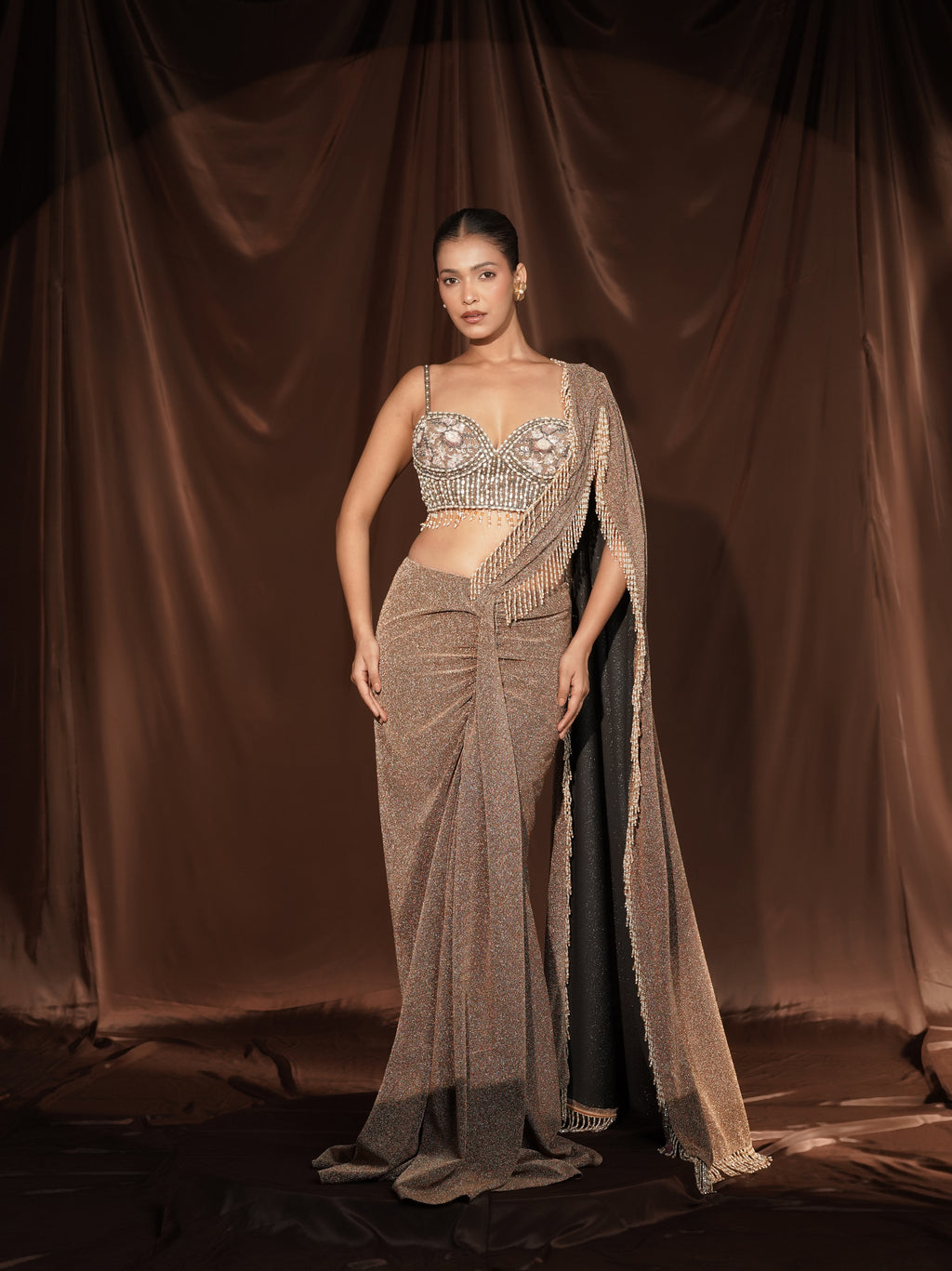 Beige Crystal Drape Saree
