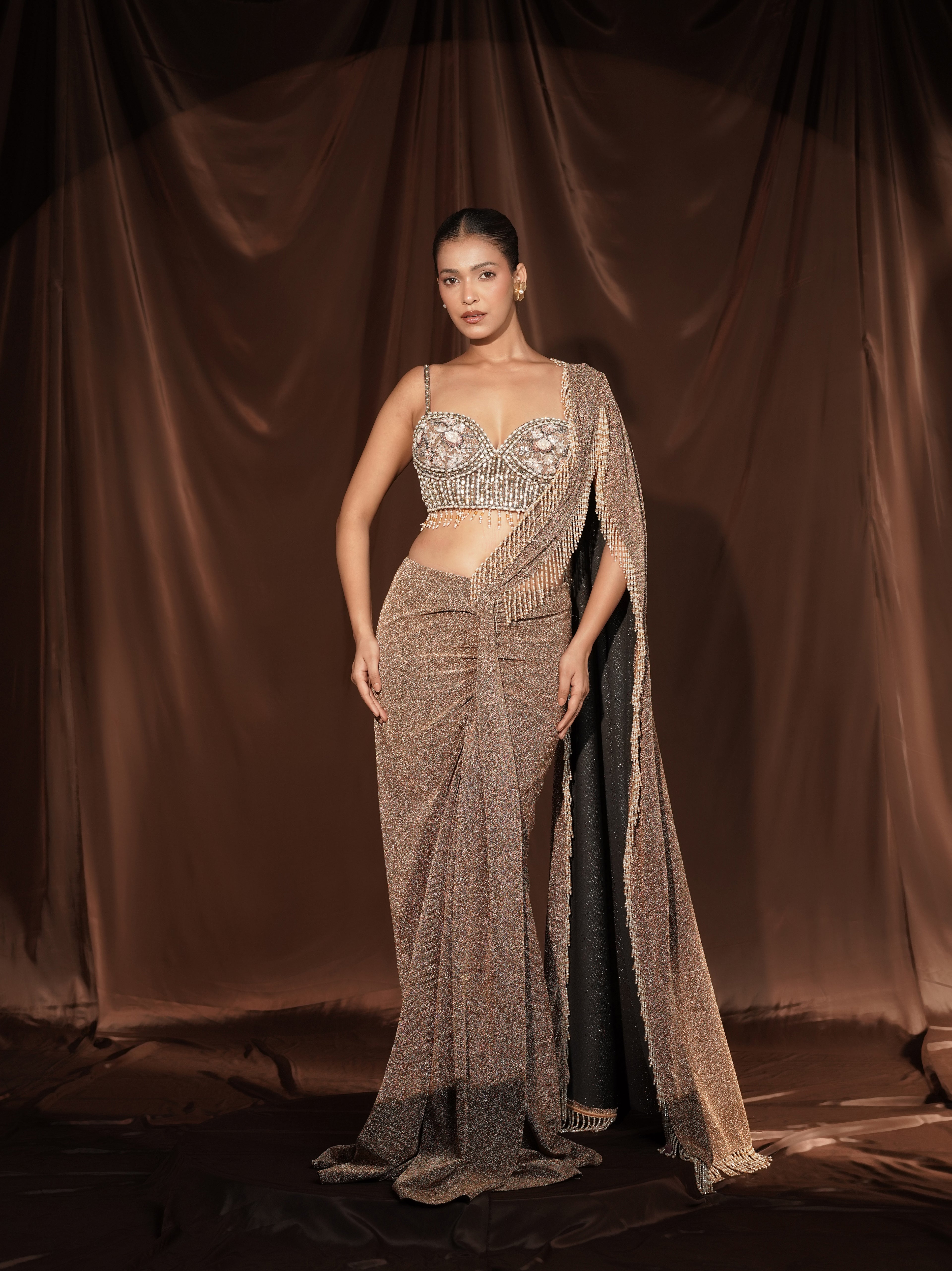 Beige Crystal Drape Saree