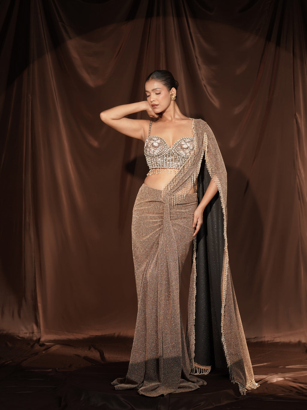 Beige Crystal Drape Saree