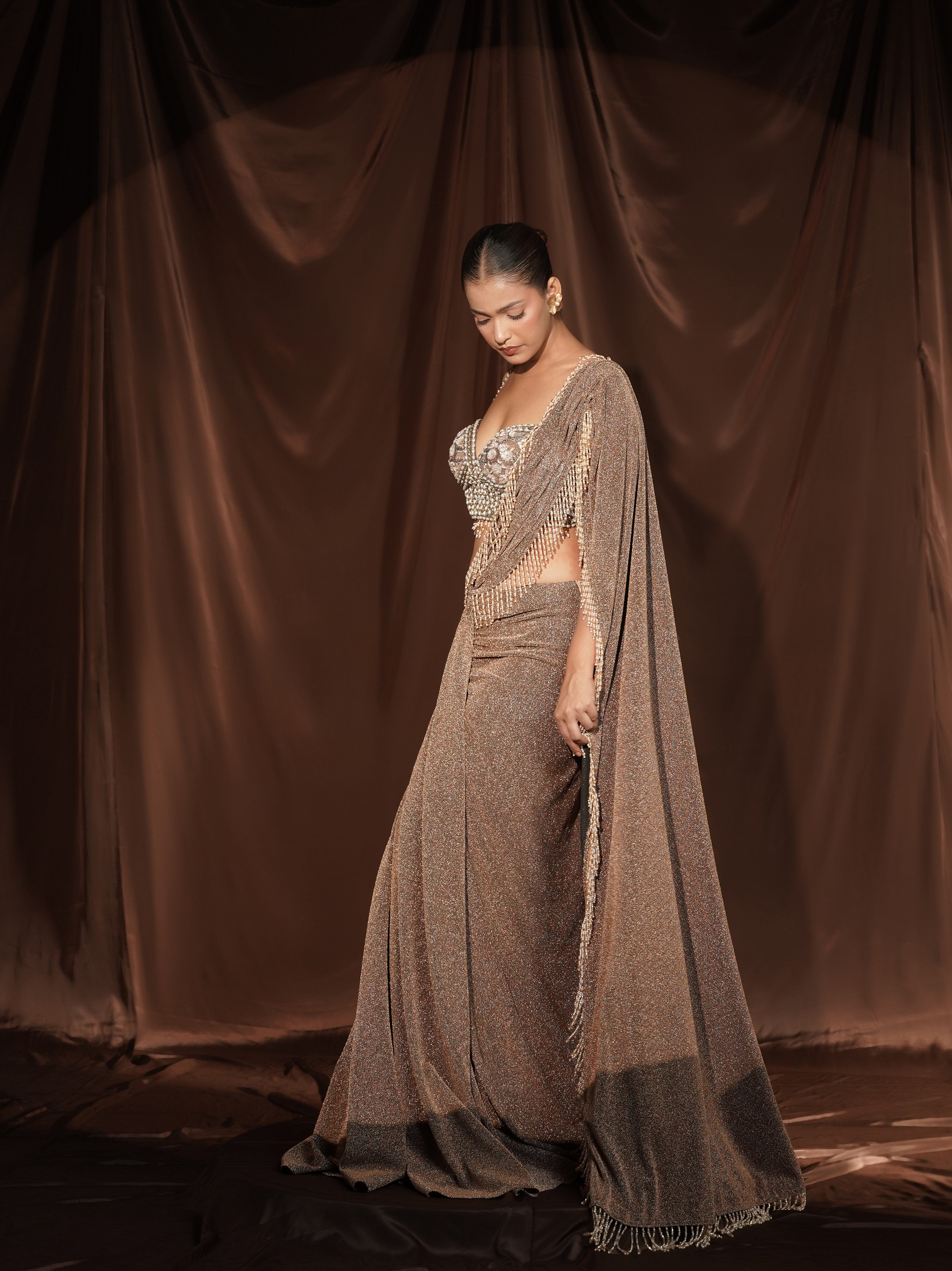Beige Crystal Drape Saree