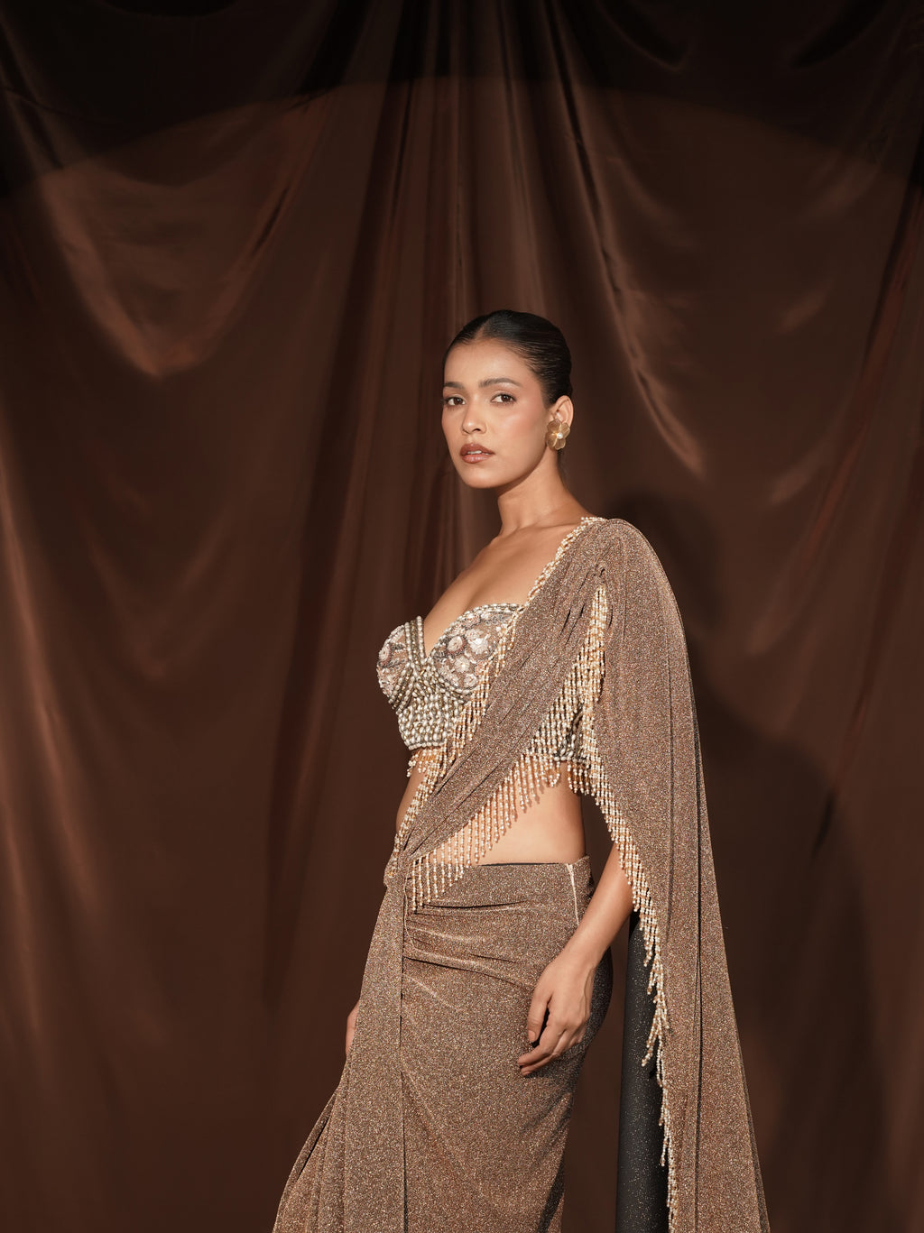 Beige Crystal Drape Saree