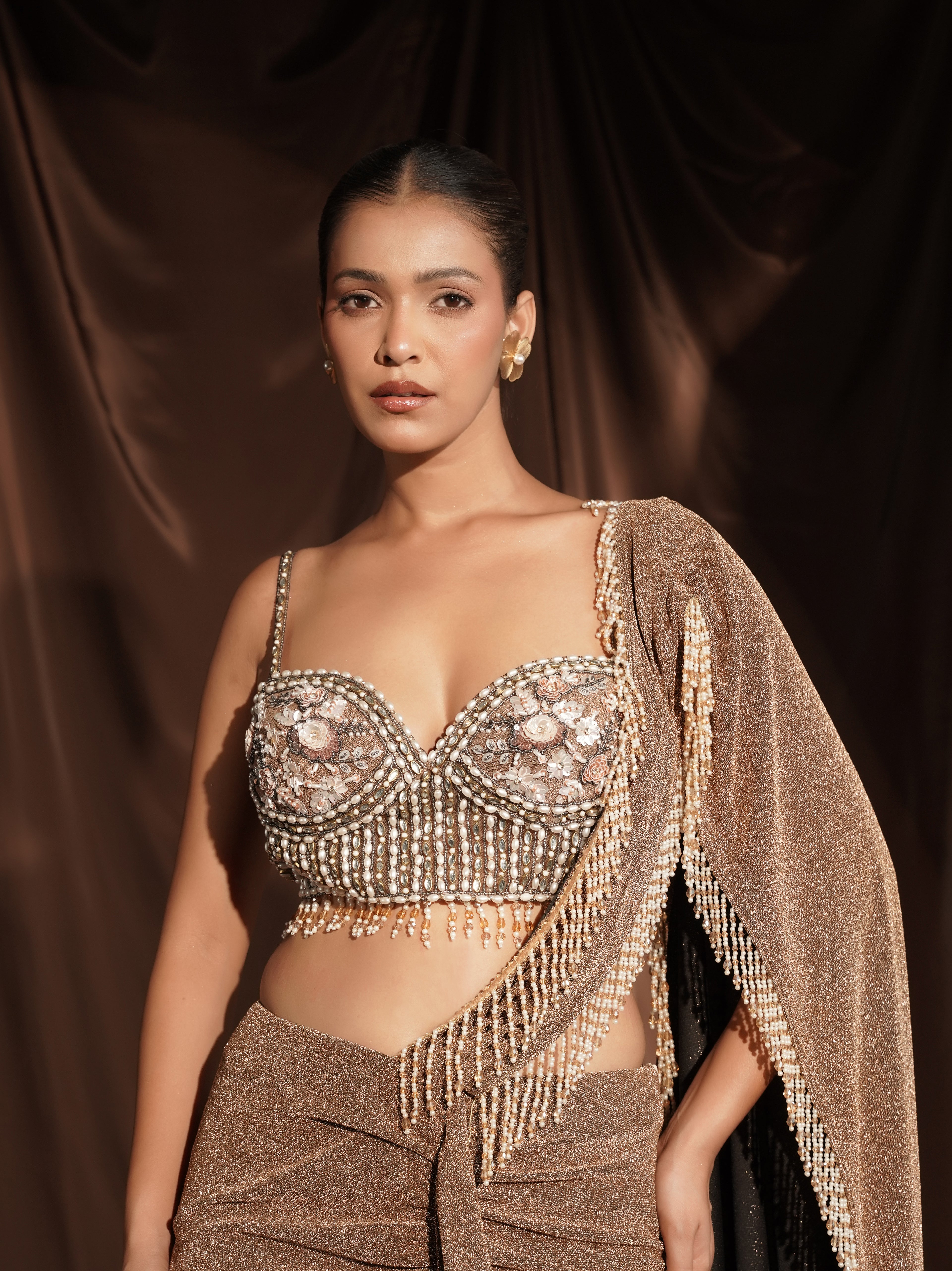Beige Crystal Drape Saree