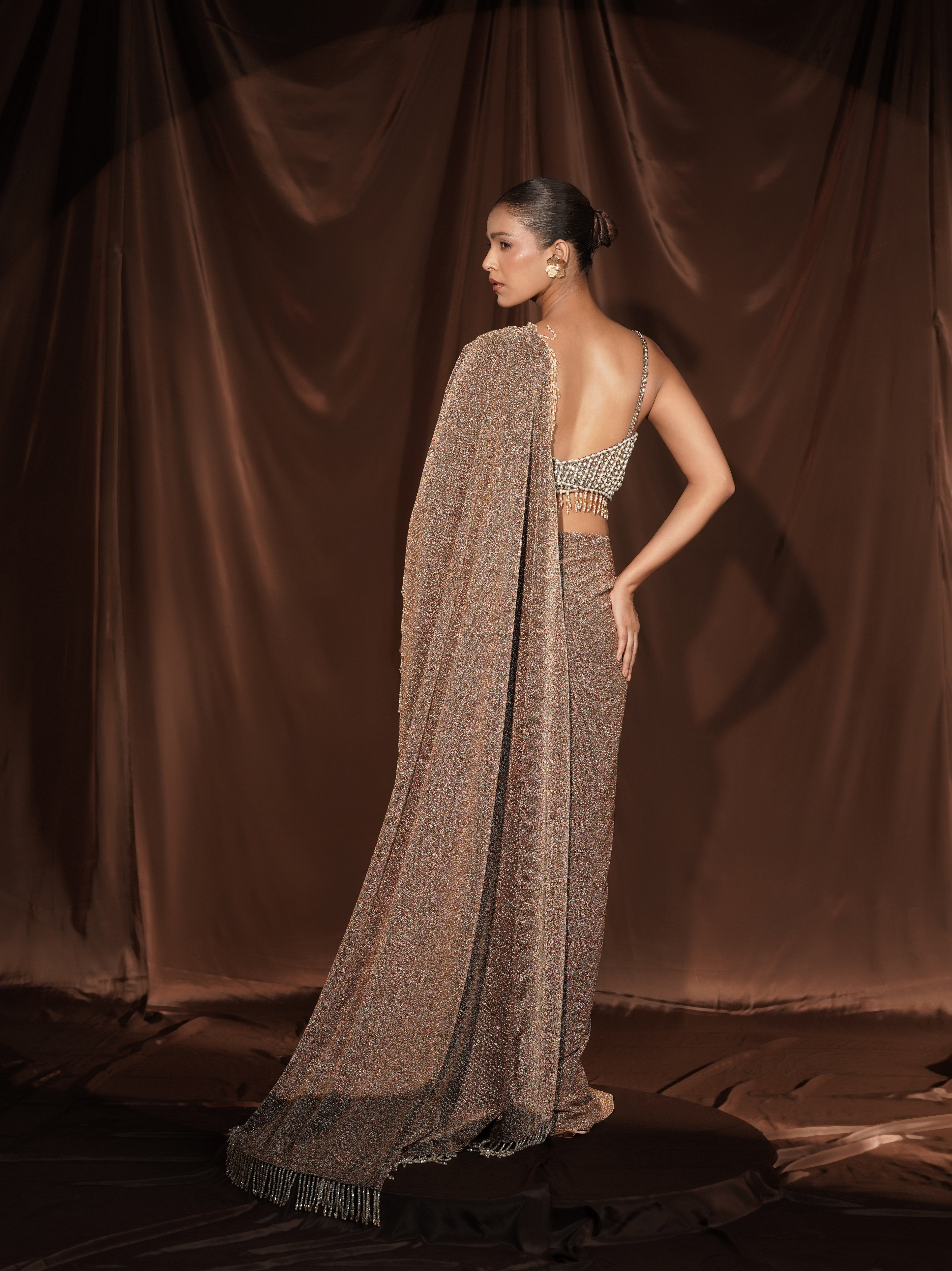 Beige Crystal Drape Saree