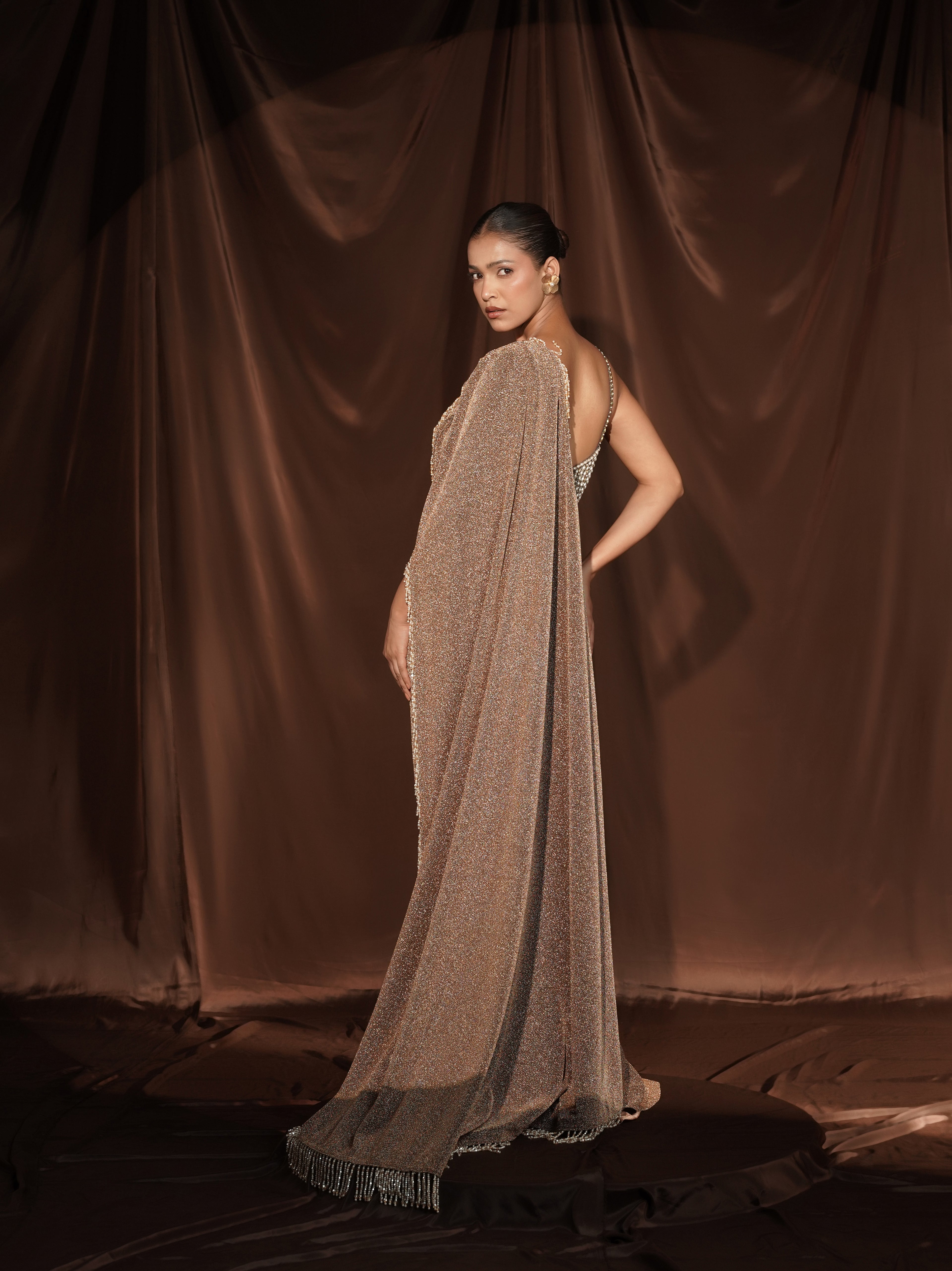 Beige Crystal Drape Saree