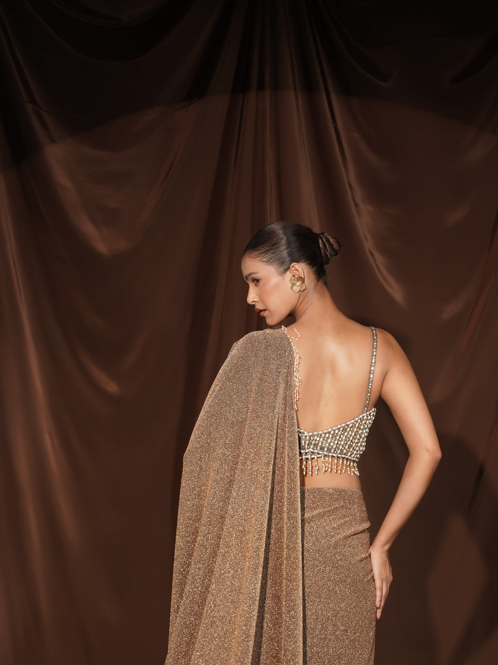 Beige Crystal Drape Saree