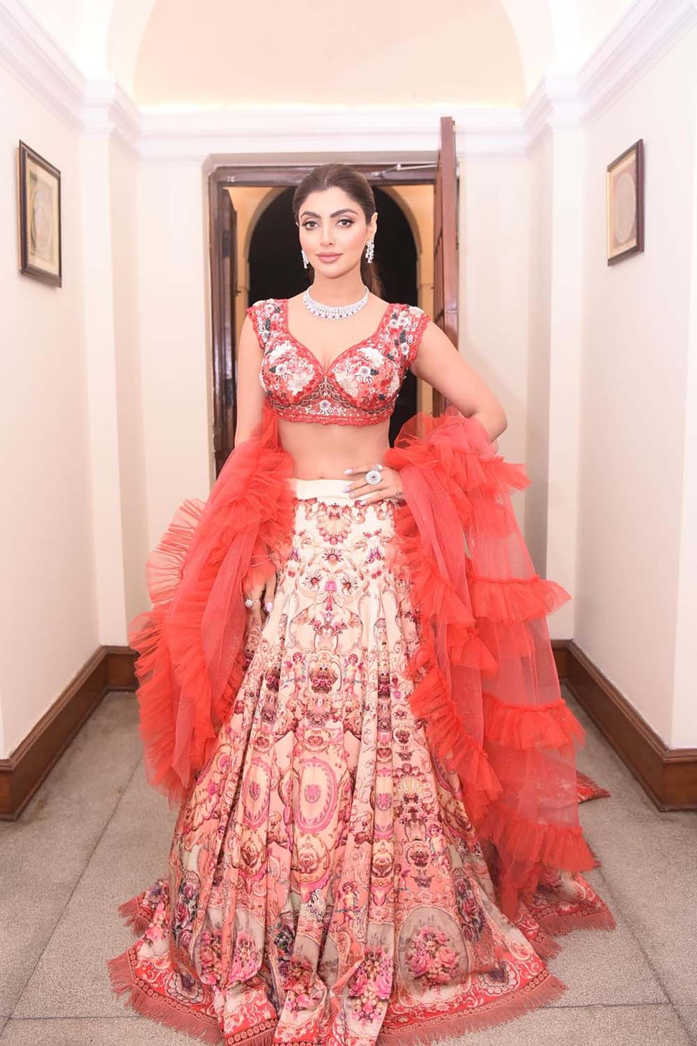 Akansha Puri in Peach & Red Floral Embroidered Bridal Lehenga With Ruffle Dupatta