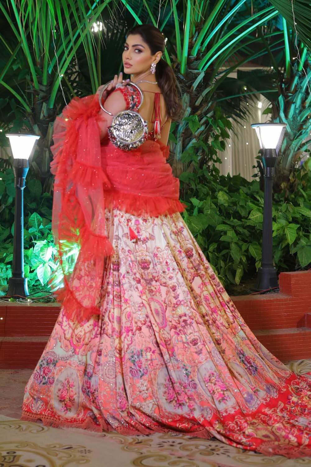 Akansha Puri in Peach & Red Floral Embroidered Bridal Lehenga With Ruffle Dupatta