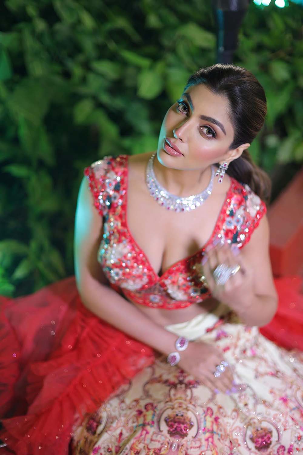 Akansha Puri in Peach & Red Floral Embroidered Bridal Lehenga With Ruffle Dupatta