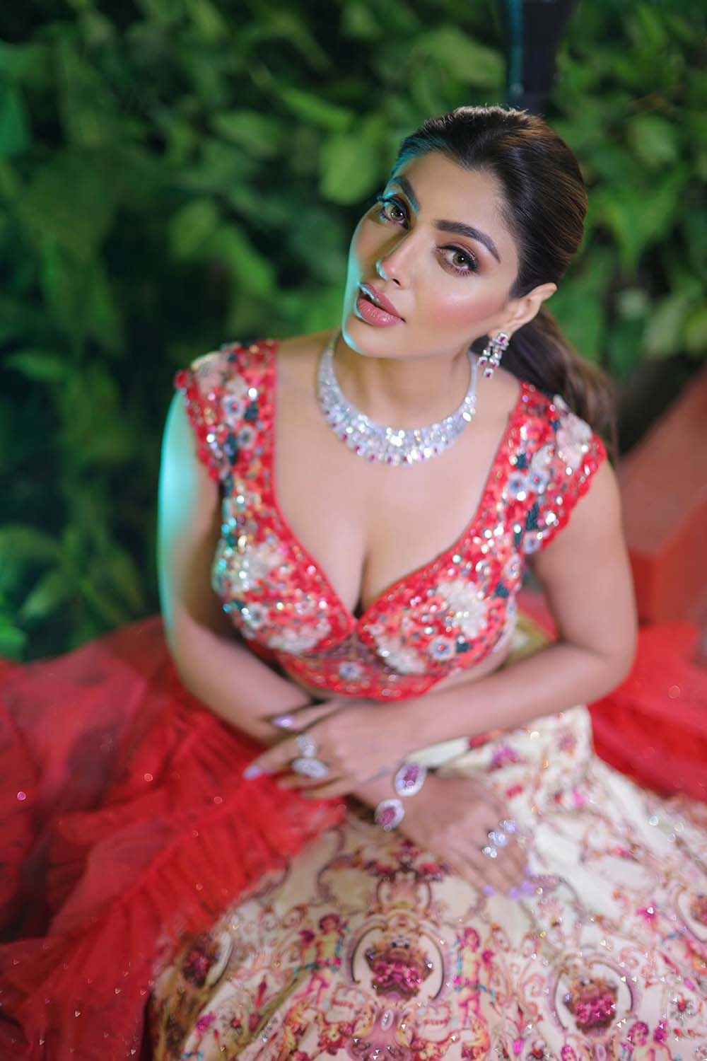 Akansha Puri in Peach & Red Floral Embroidered Bridal Lehenga With Ruffle Dupatta