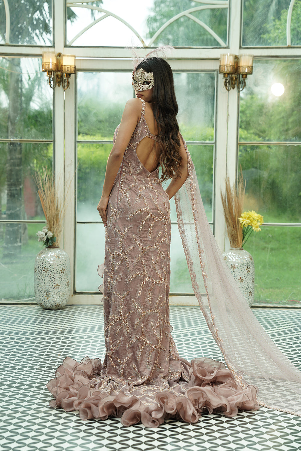 Beige Embellished Ruffled Couture Gown
