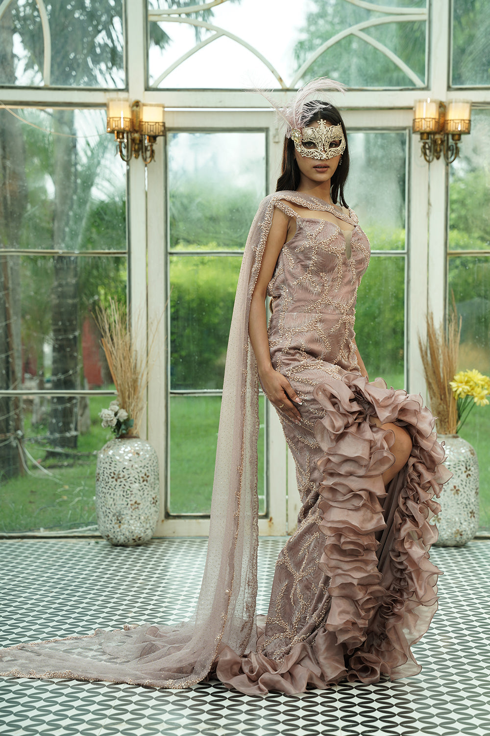 Beige Embellished Ruffled Couture Gown