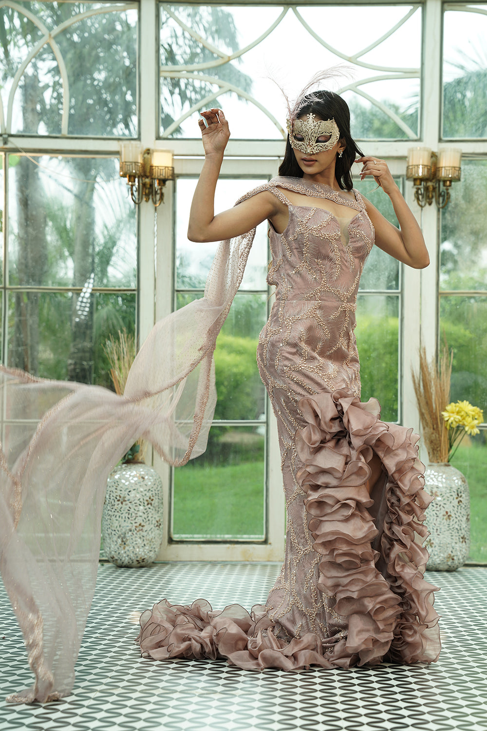 Beige Embellished Ruffled Couture Gown