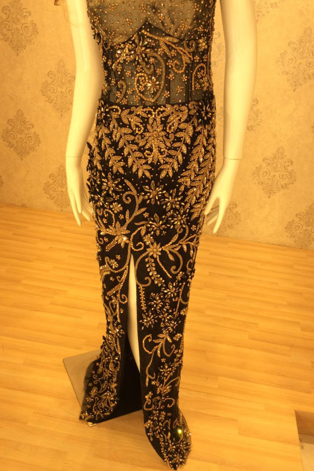 Black & Gold Crystal Embellished Mermaid Gown with Sheer Corset Bodice