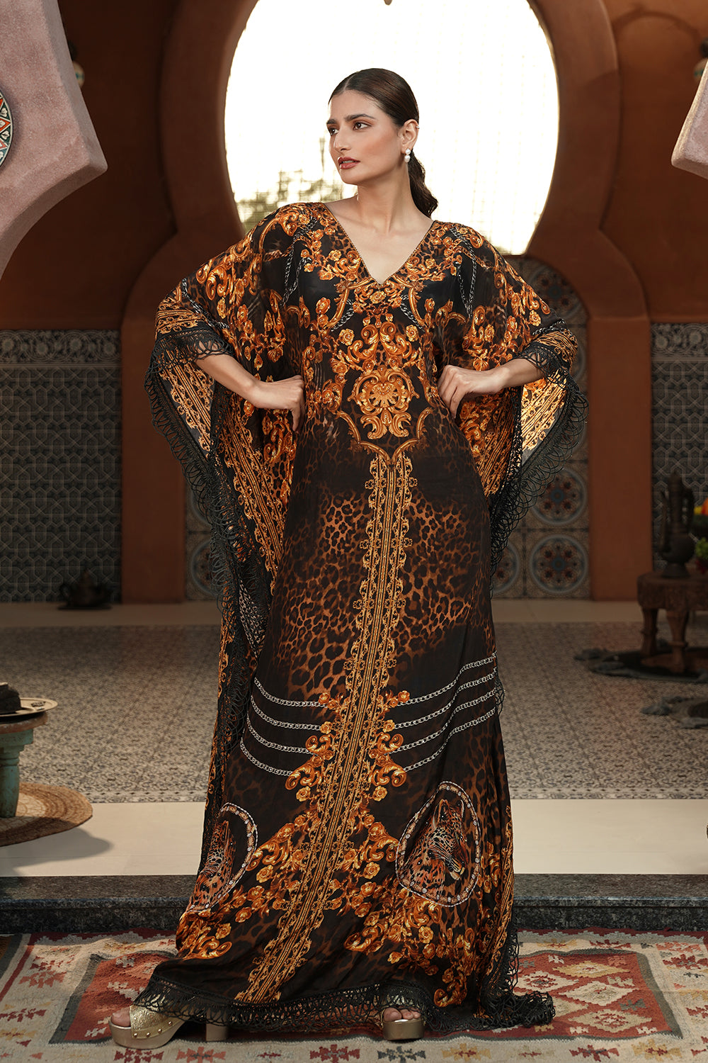 Black & Gold Printed  Kaftan Gown